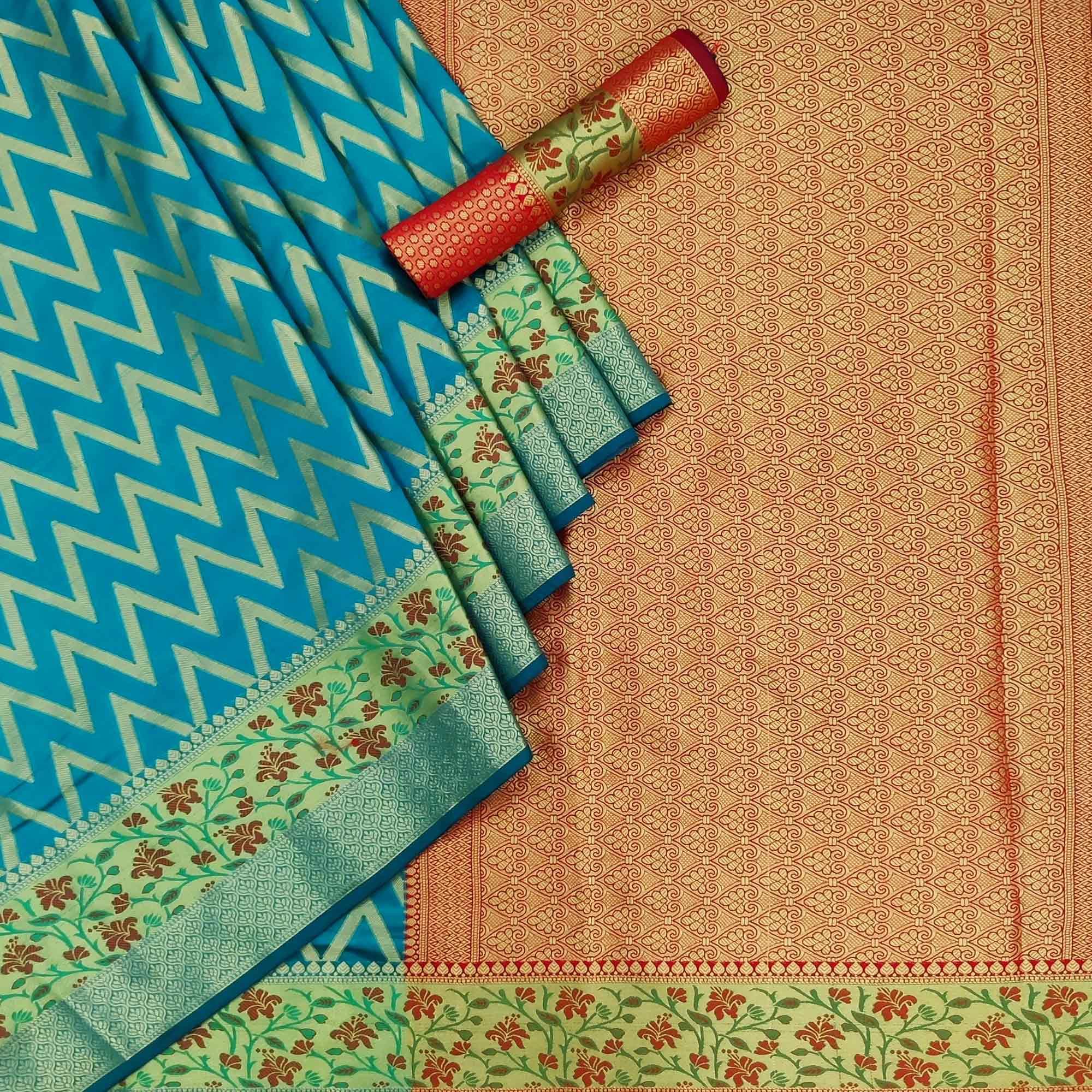 Rama Blue Festive Wear Floral Woven Silk Saree - Peachmode