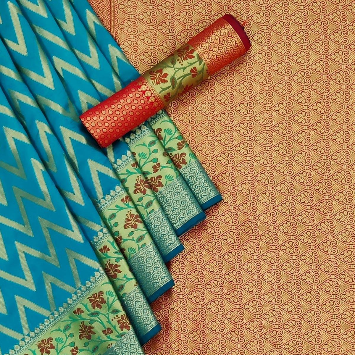 Rama Blue Festive Wear Floral Woven Silk Saree - Peachmode
