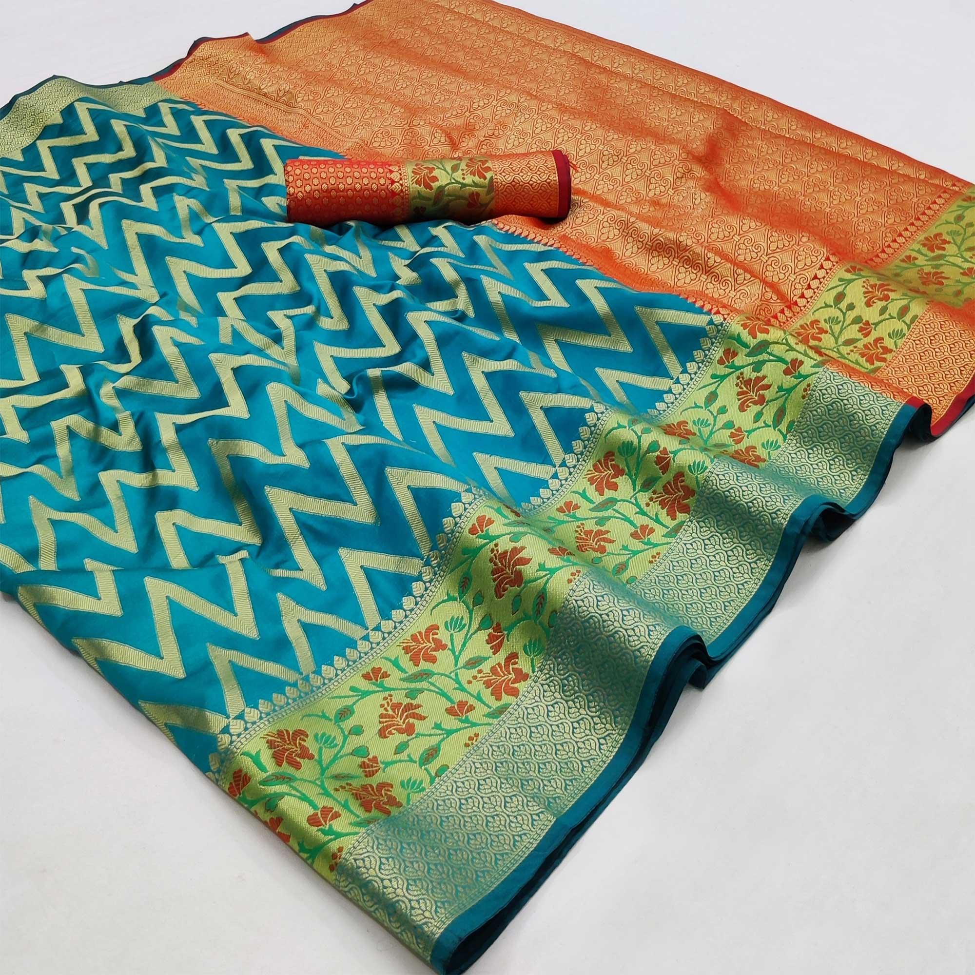 Rama Blue Festive Wear Floral Woven Silk Saree - Peachmode