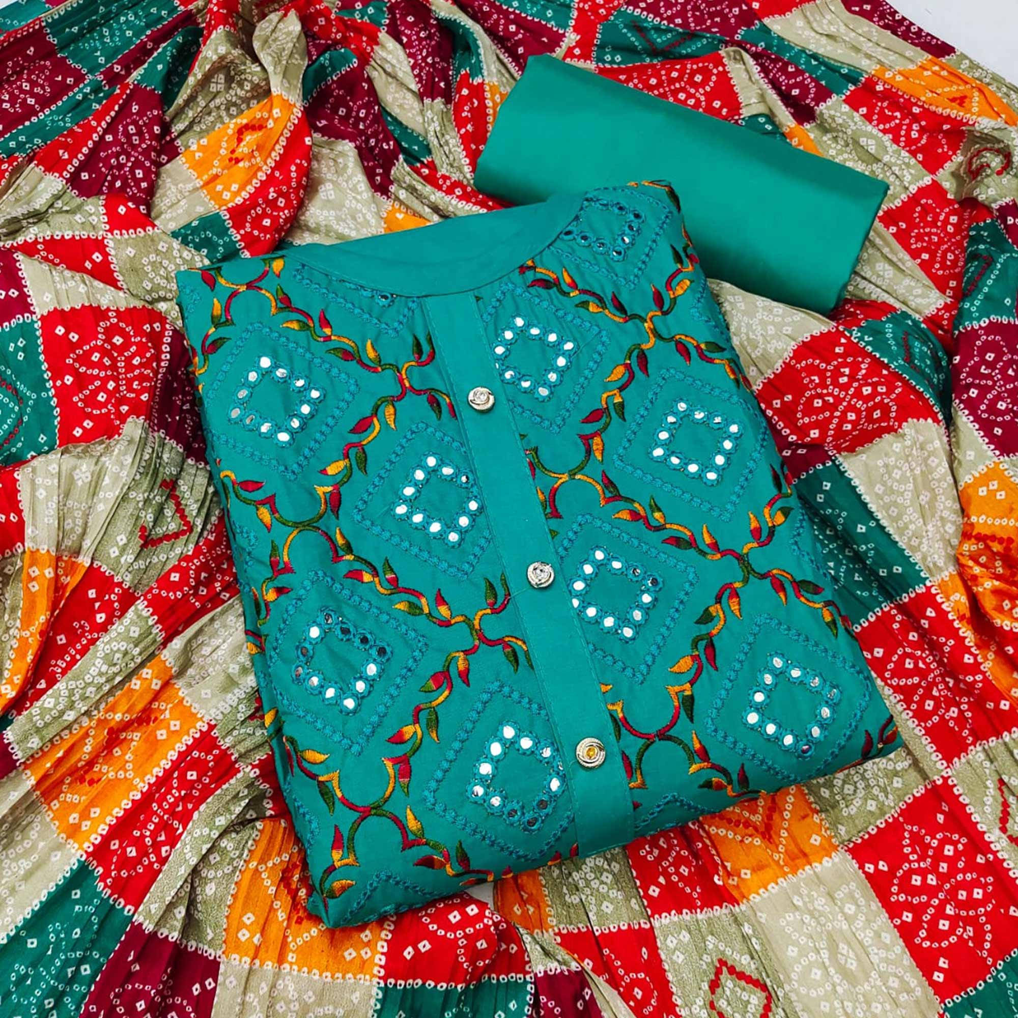 Rama Blue Festive Wear Heavy Embroidered & Mirror Work Cotton Dress Material - Peachmode