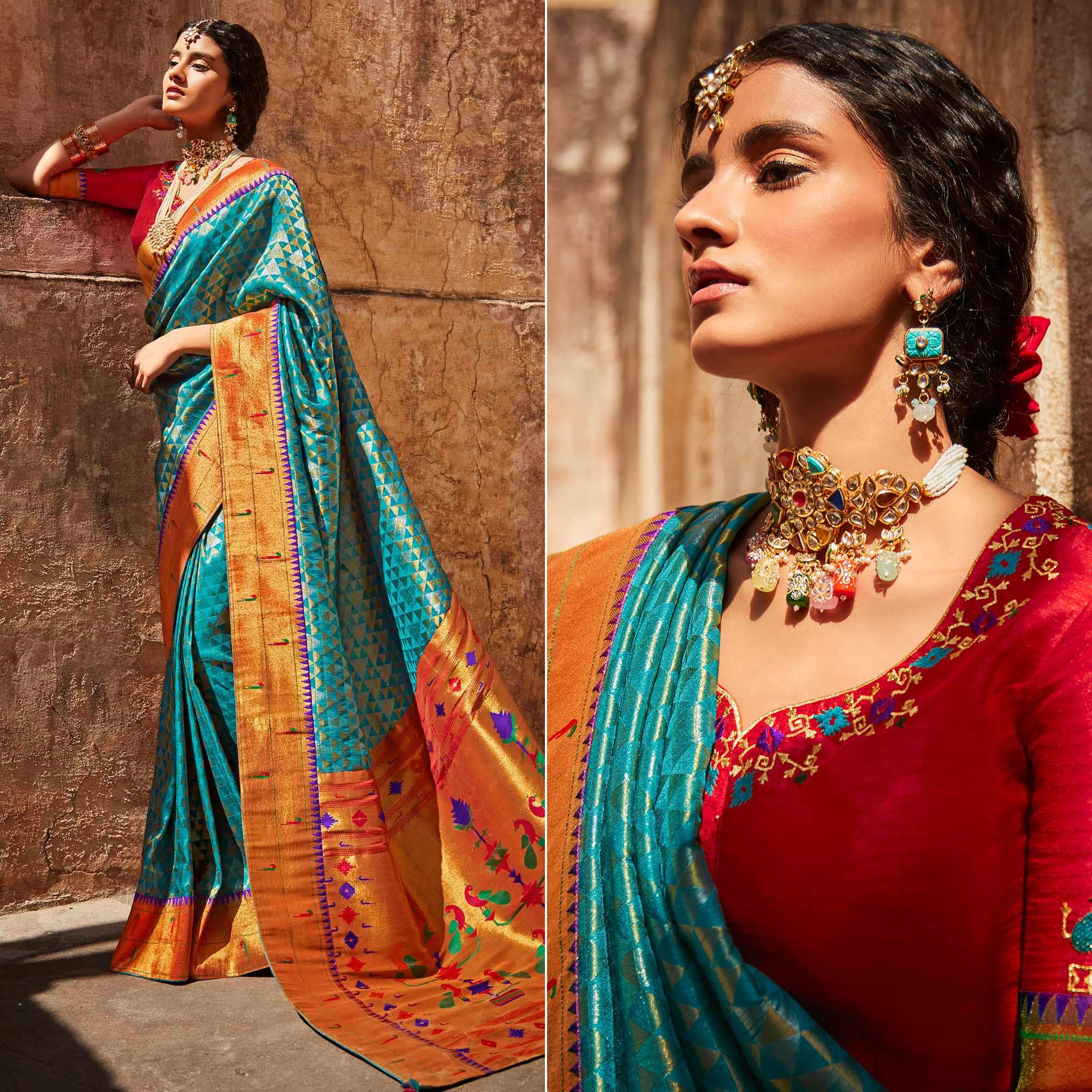 Rama Blue Festive Wear Woven Silk Saree - Peachmode