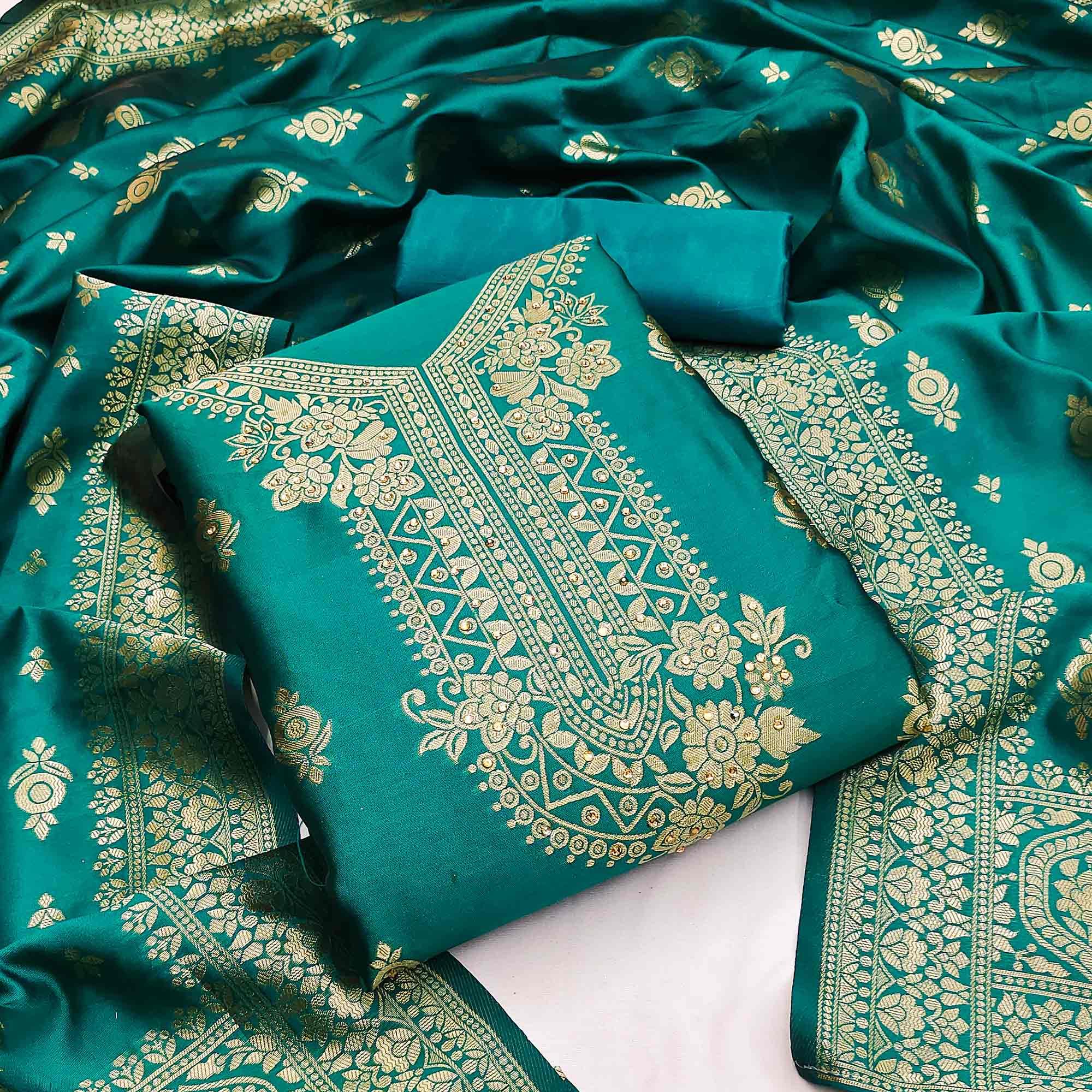 Rama Blue Festive Wear Woven With Embellished Jacquard Dress Material - Peachmode