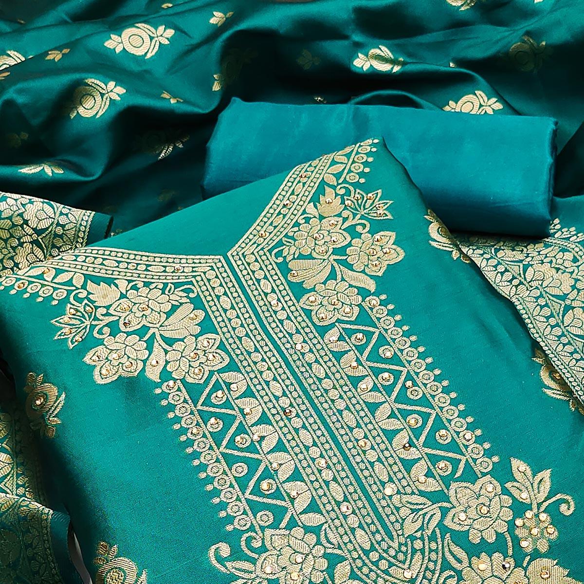 Rama Blue Festive Wear Woven With Embellished Jacquard Dress Material - Peachmode