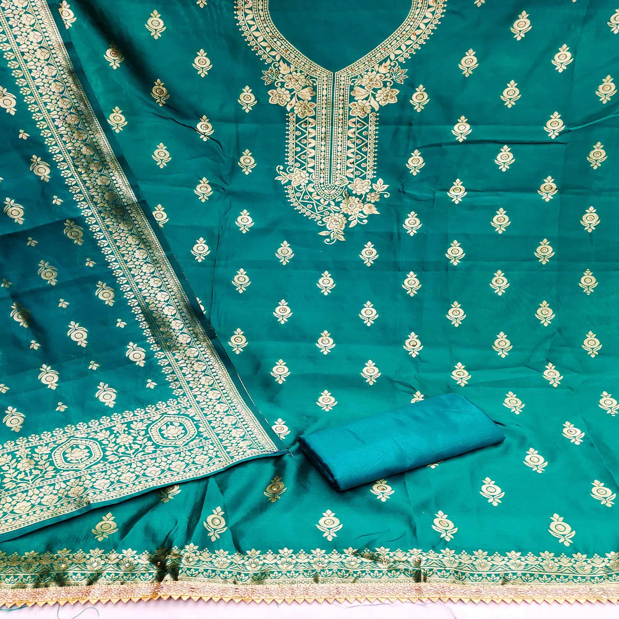 Rama Blue Festive Wear Woven With Embellished Jacquard Dress Material - Peachmode