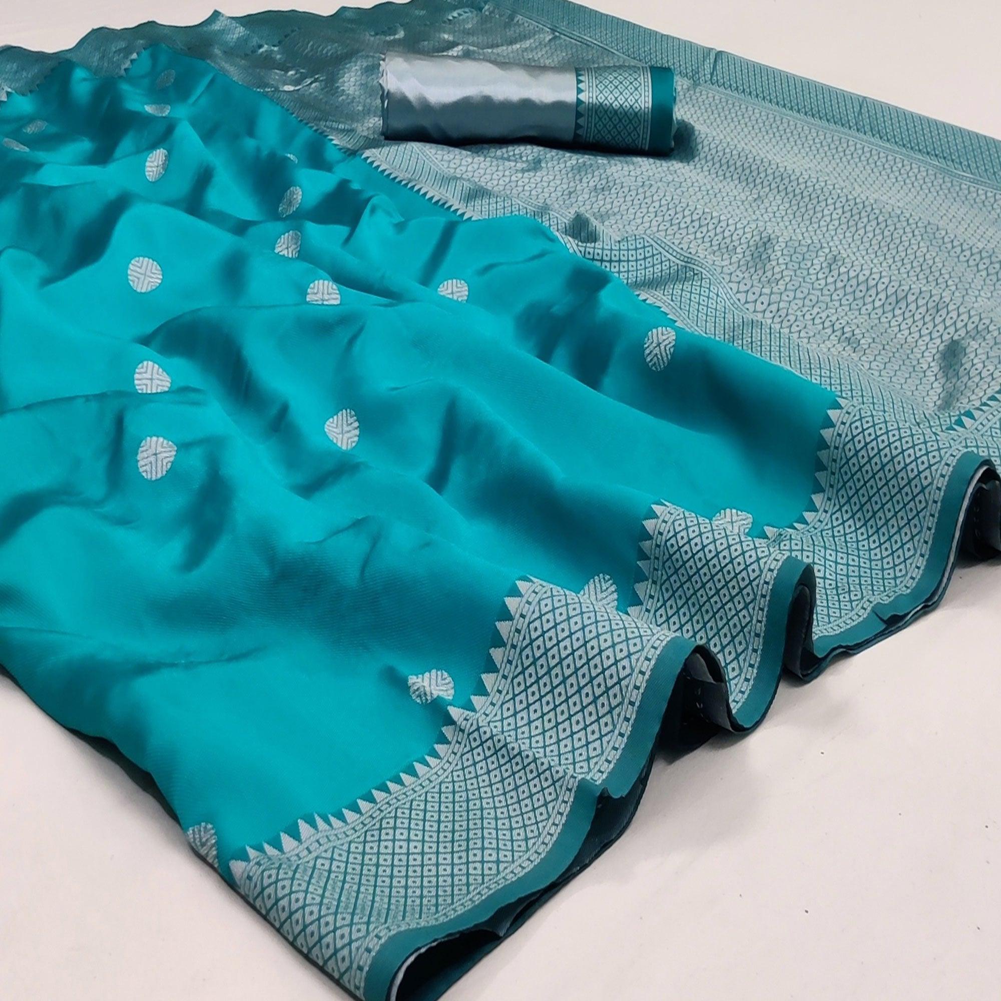 Rama Blue Festive Wear Zari Woven Soft Silk Saree - Peachmode