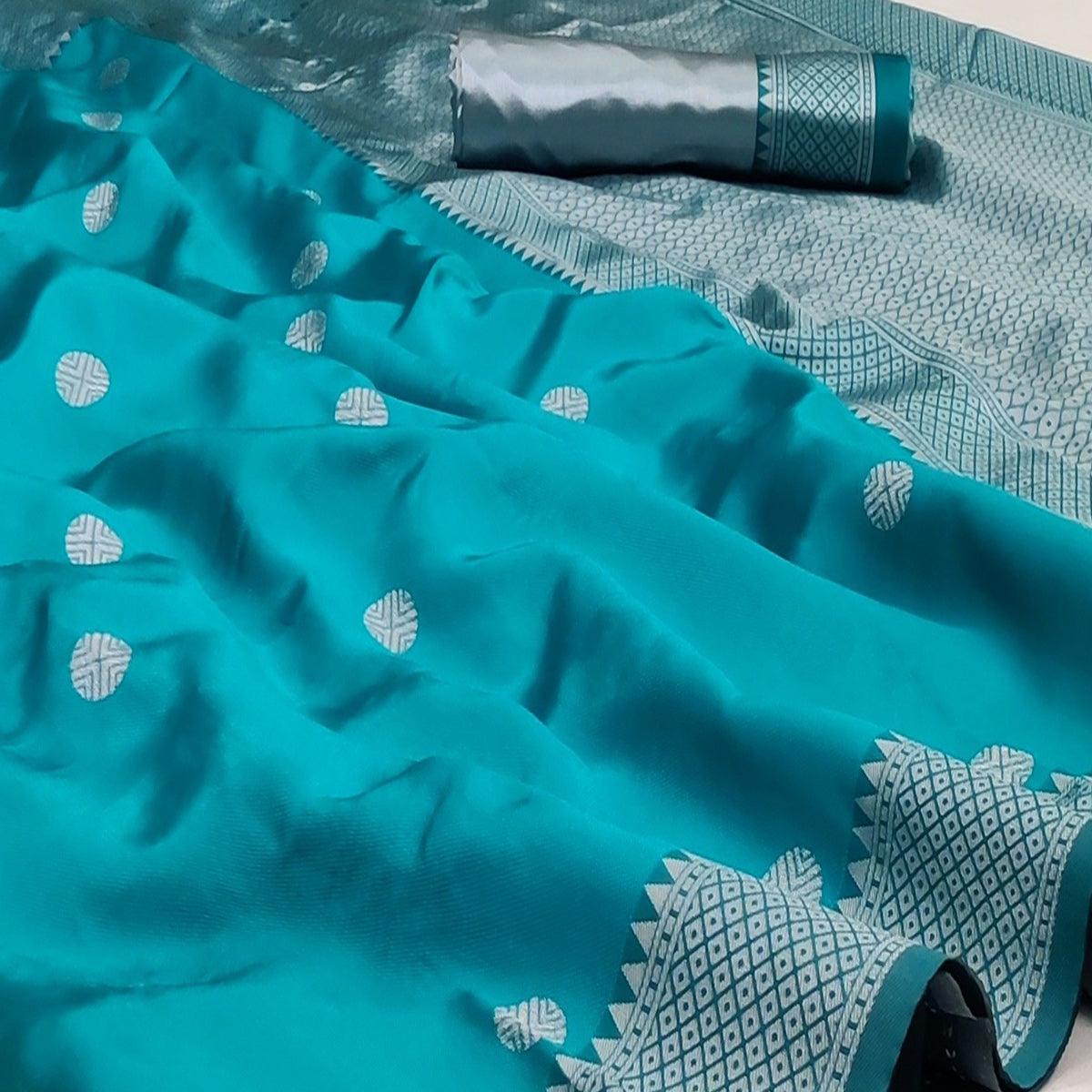 Rama Blue Festive Wear Zari Woven Soft Silk Saree - Peachmode