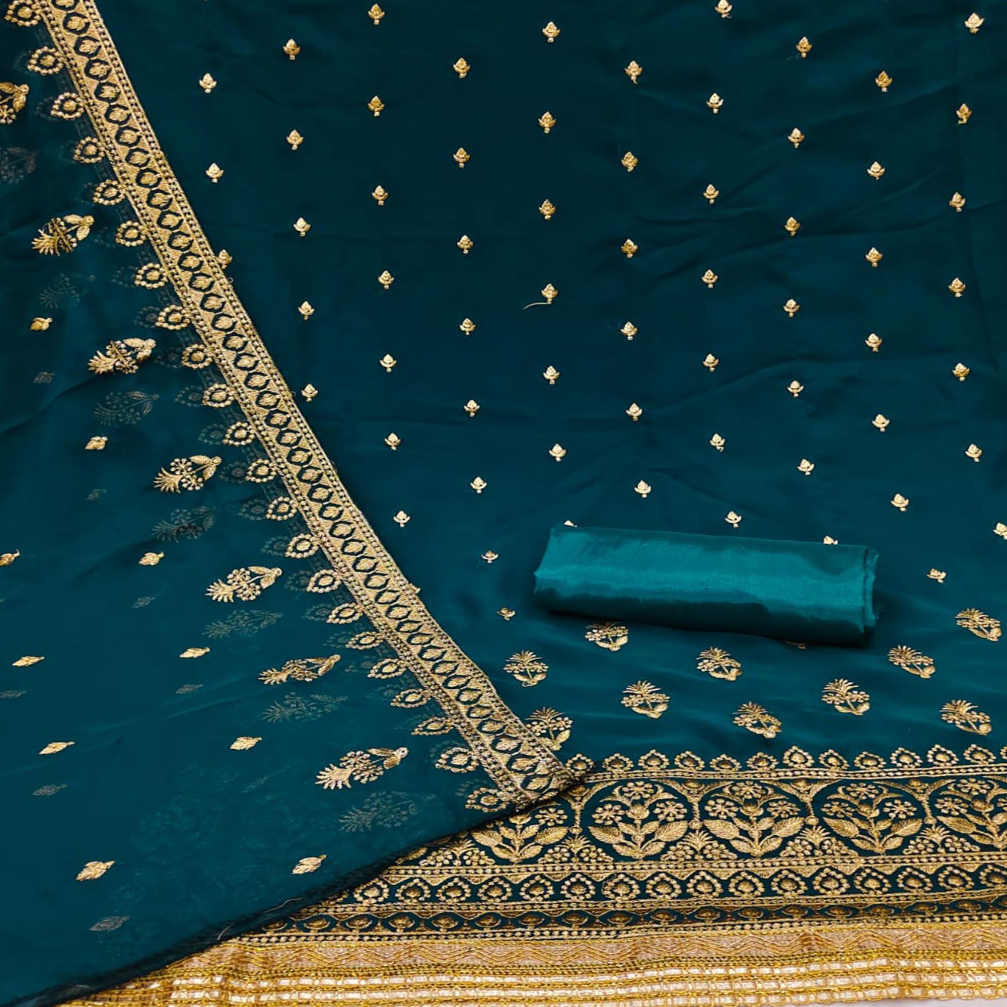 Rama Blue Floral Embroidered Georgette Dress Material - Peachmode