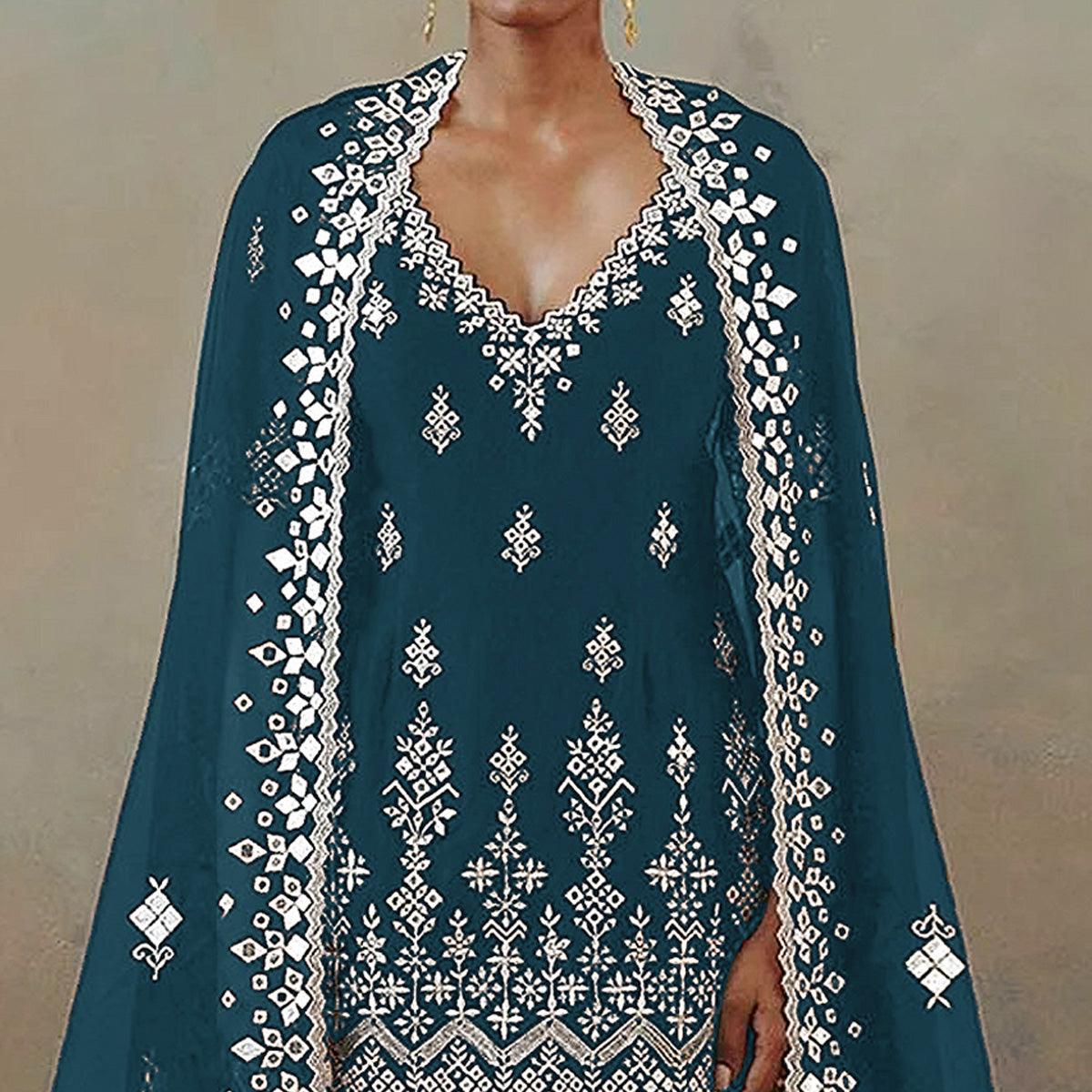 Rama Blue Floral Embroidered With Mirror Work Georgette Sharara Suit - Peachmode