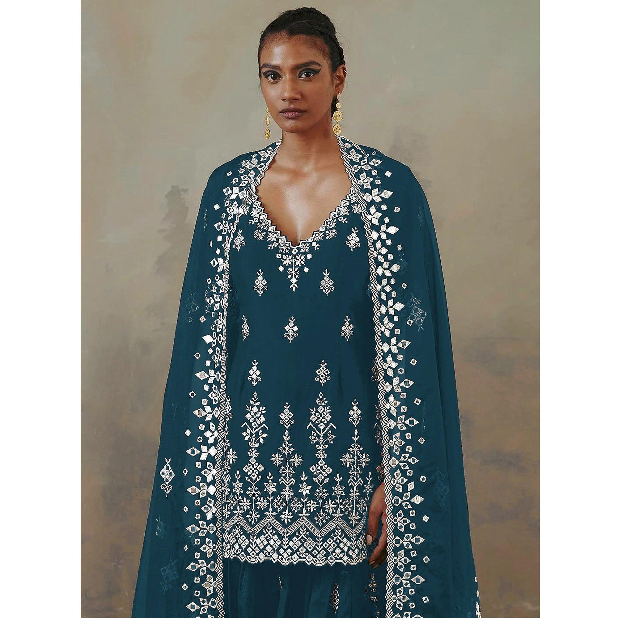 Rama Blue Floral Embroidered With Mirror Work Georgette Sharara Suit - Peachmode