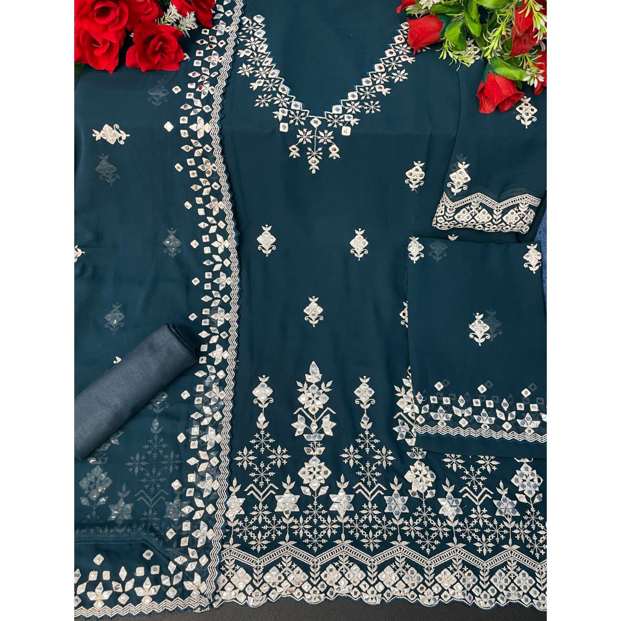 Rama Blue Floral Embroidered With Mirror Work Georgette Sharara Suit - Peachmode