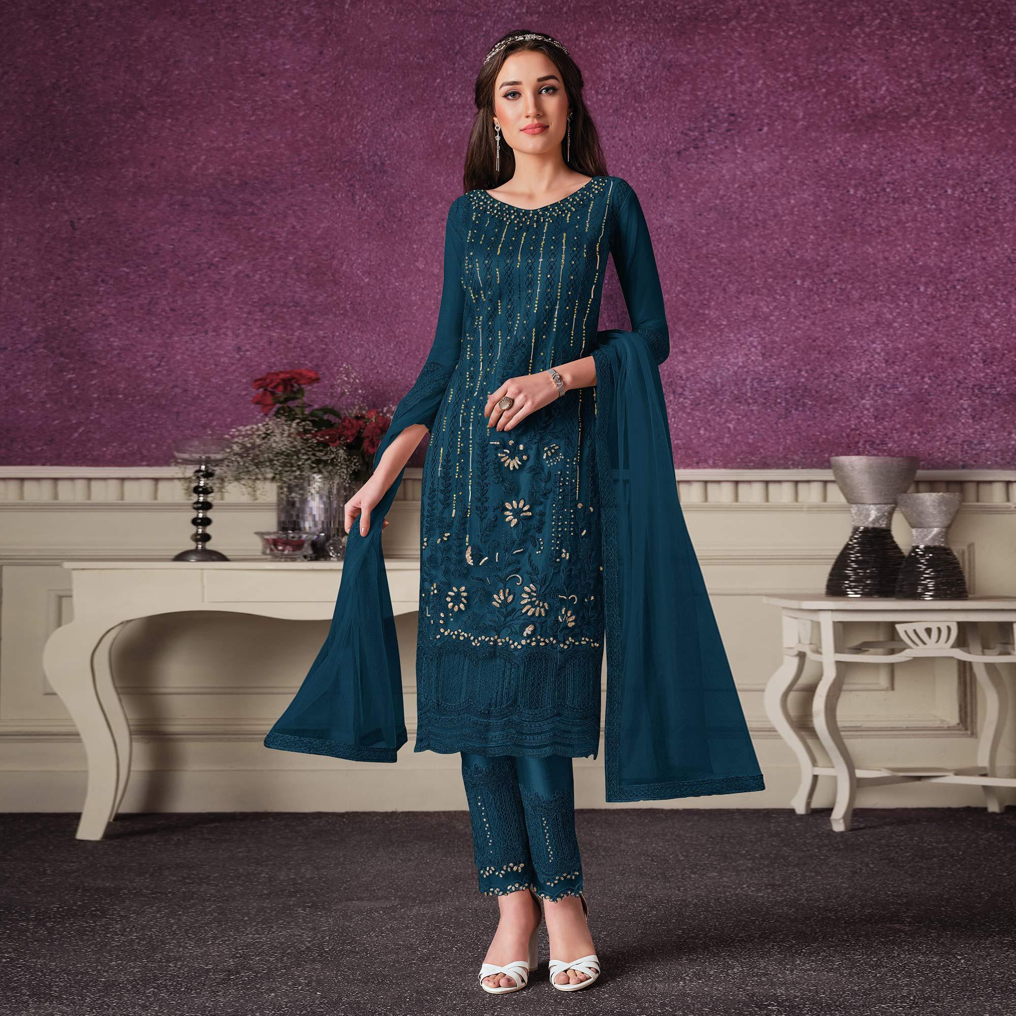 Rama Blue Floral Embroidery Designer Heavy Butterfly Net Partywear Suit - Peachmode
