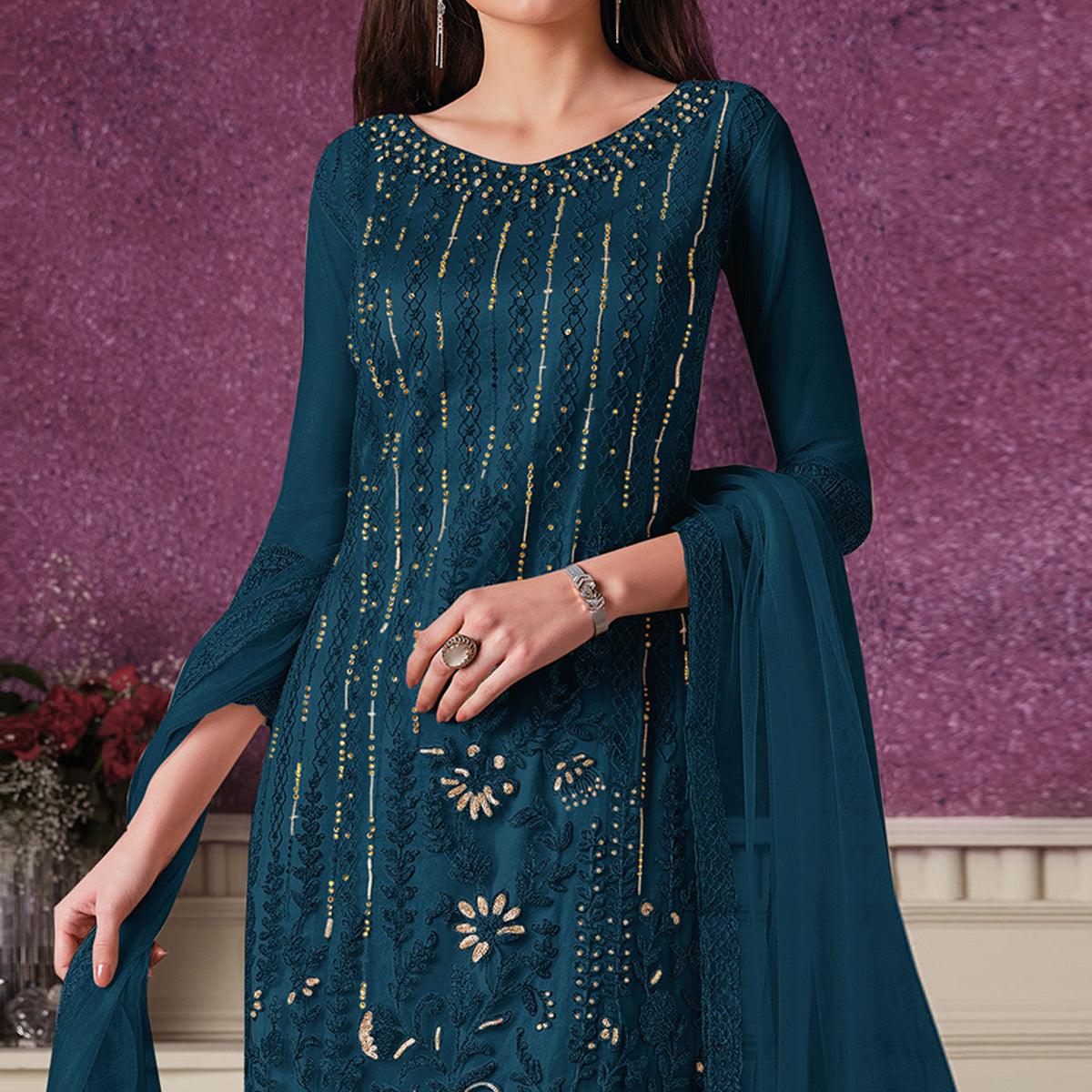 Rama Blue Floral Embroidery Designer Heavy Butterfly Net Partywear Suit - Peachmode