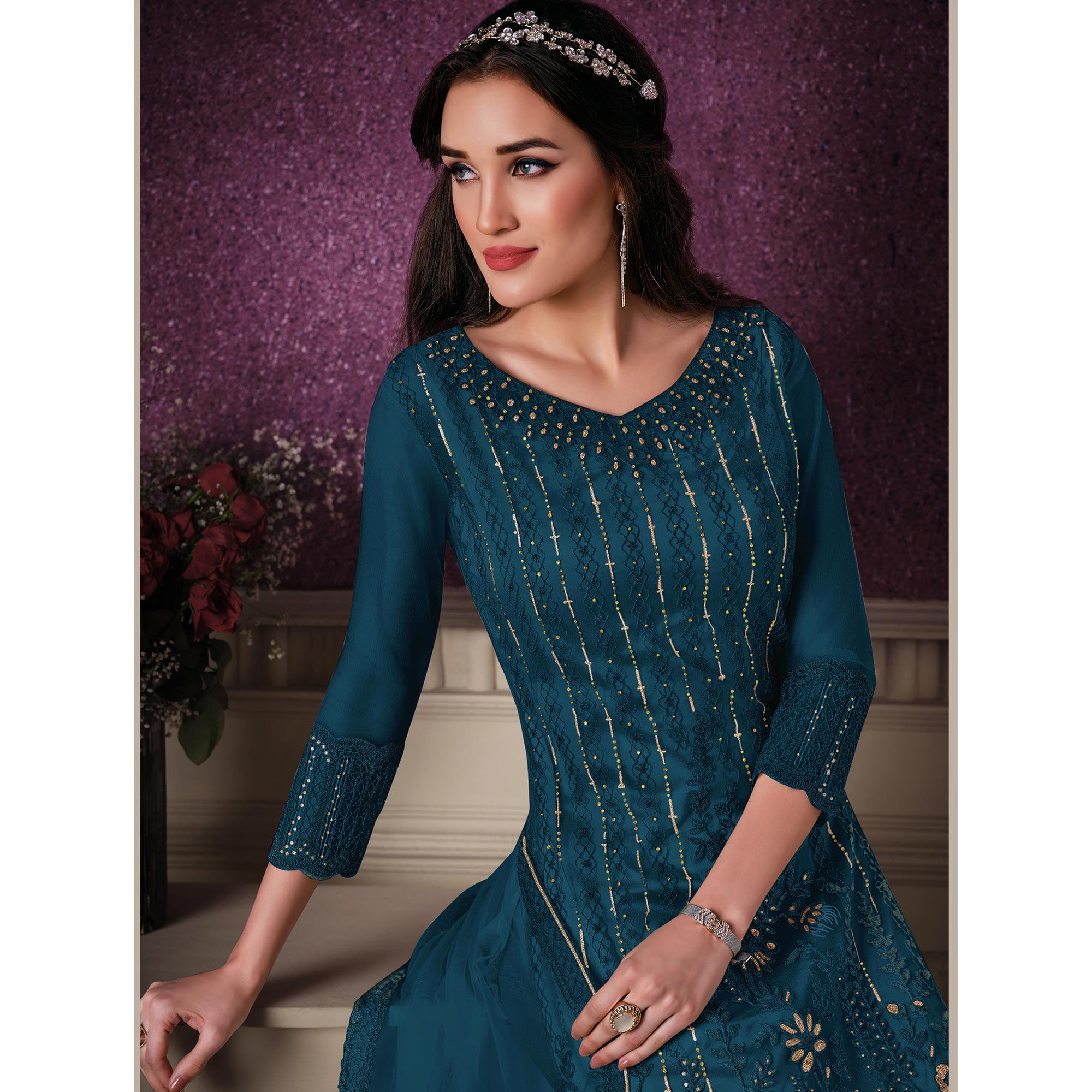 Rama Blue Floral Embroidery Designer Heavy Butterfly Net Partywear Suit - Peachmode