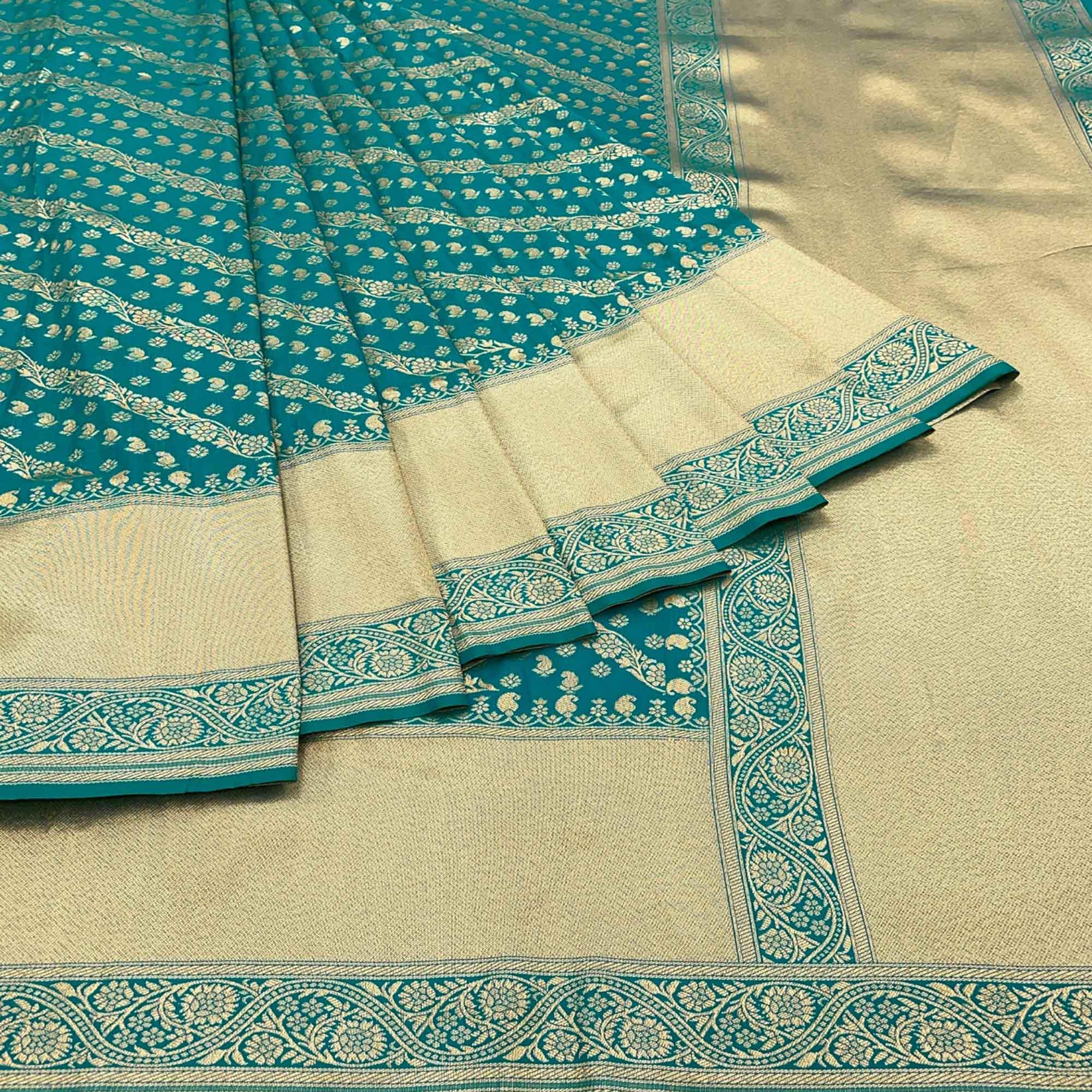 Rama Blue Floral Zari Woven Art Silk Saree - Peachmode