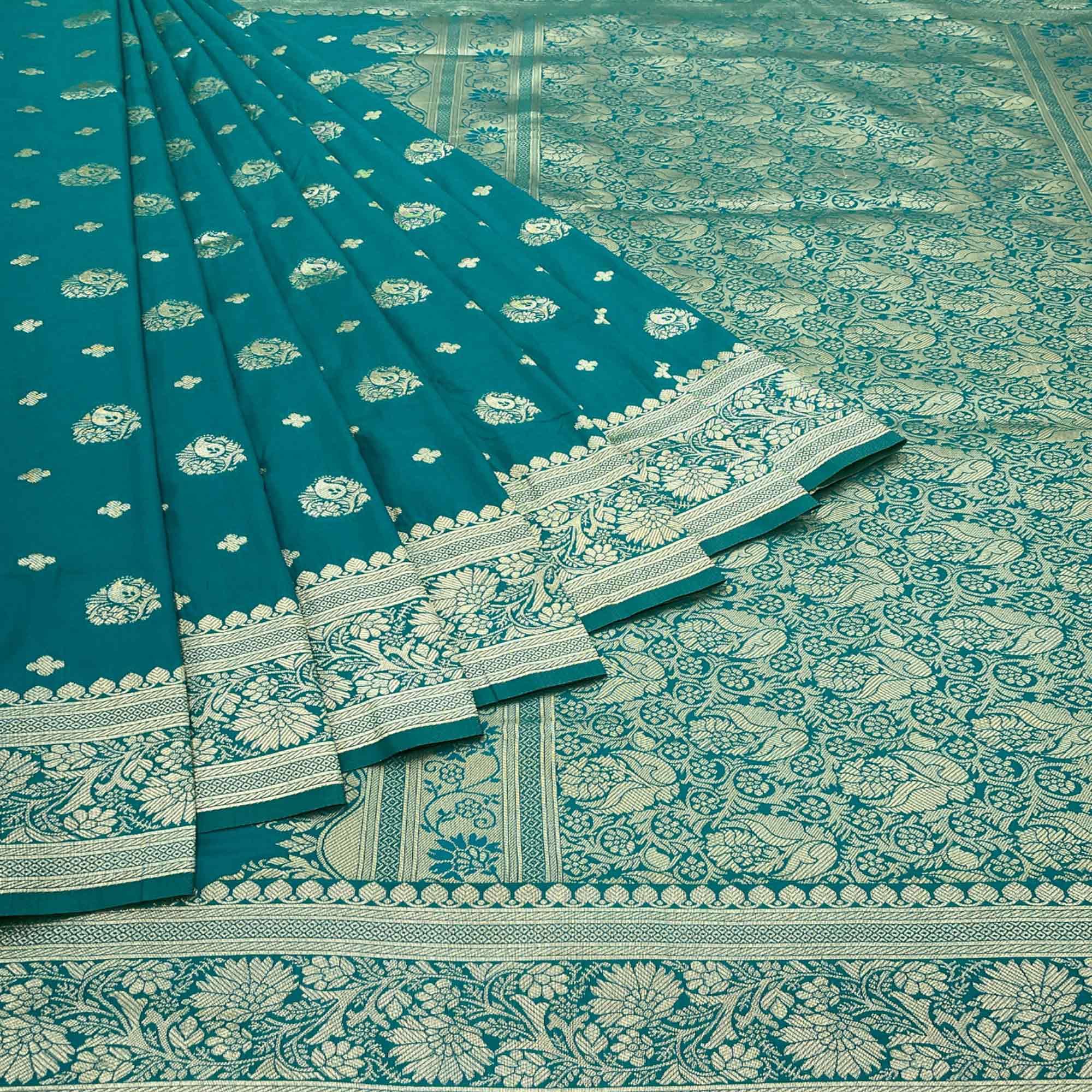 Rama Blue Floral Zari Woven Art Silk Saree - Peachmode