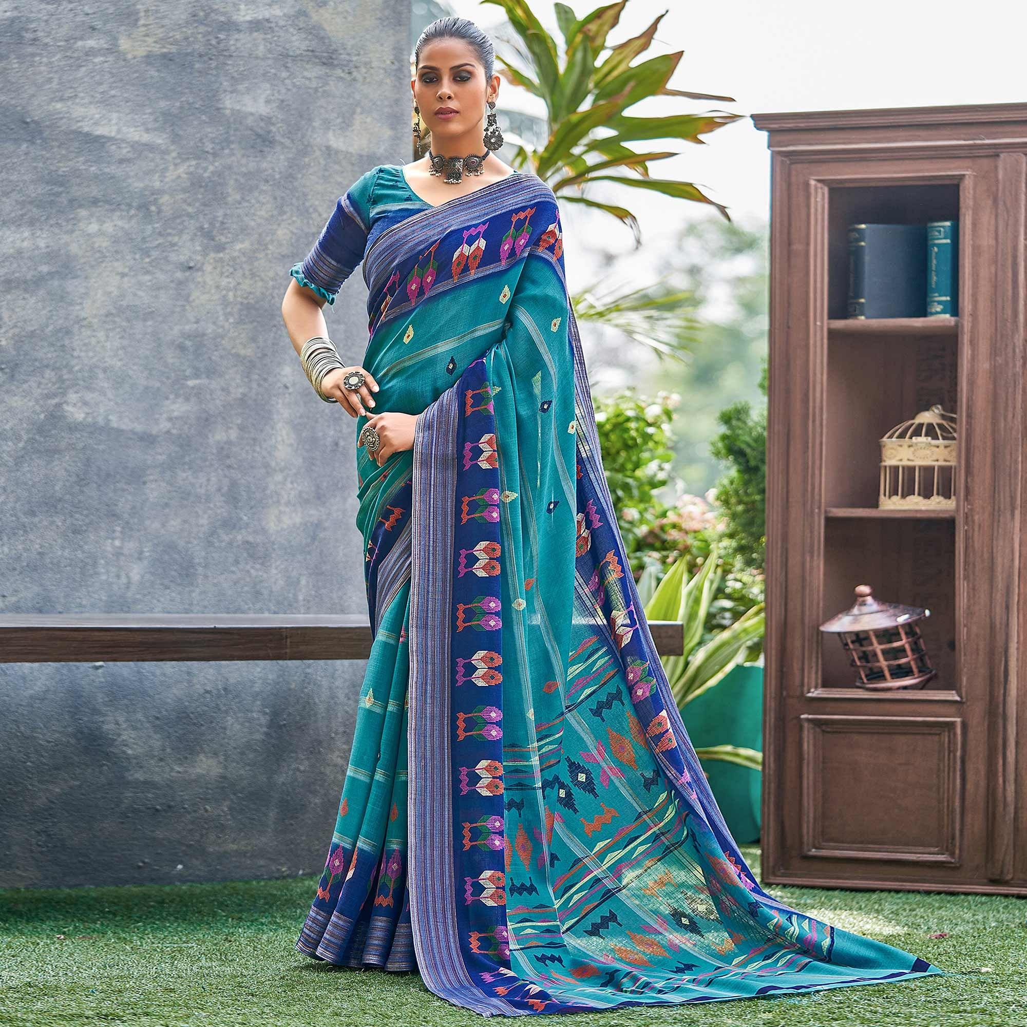 Rama Blue Ikkat Printed Linen Saree - Peachmode