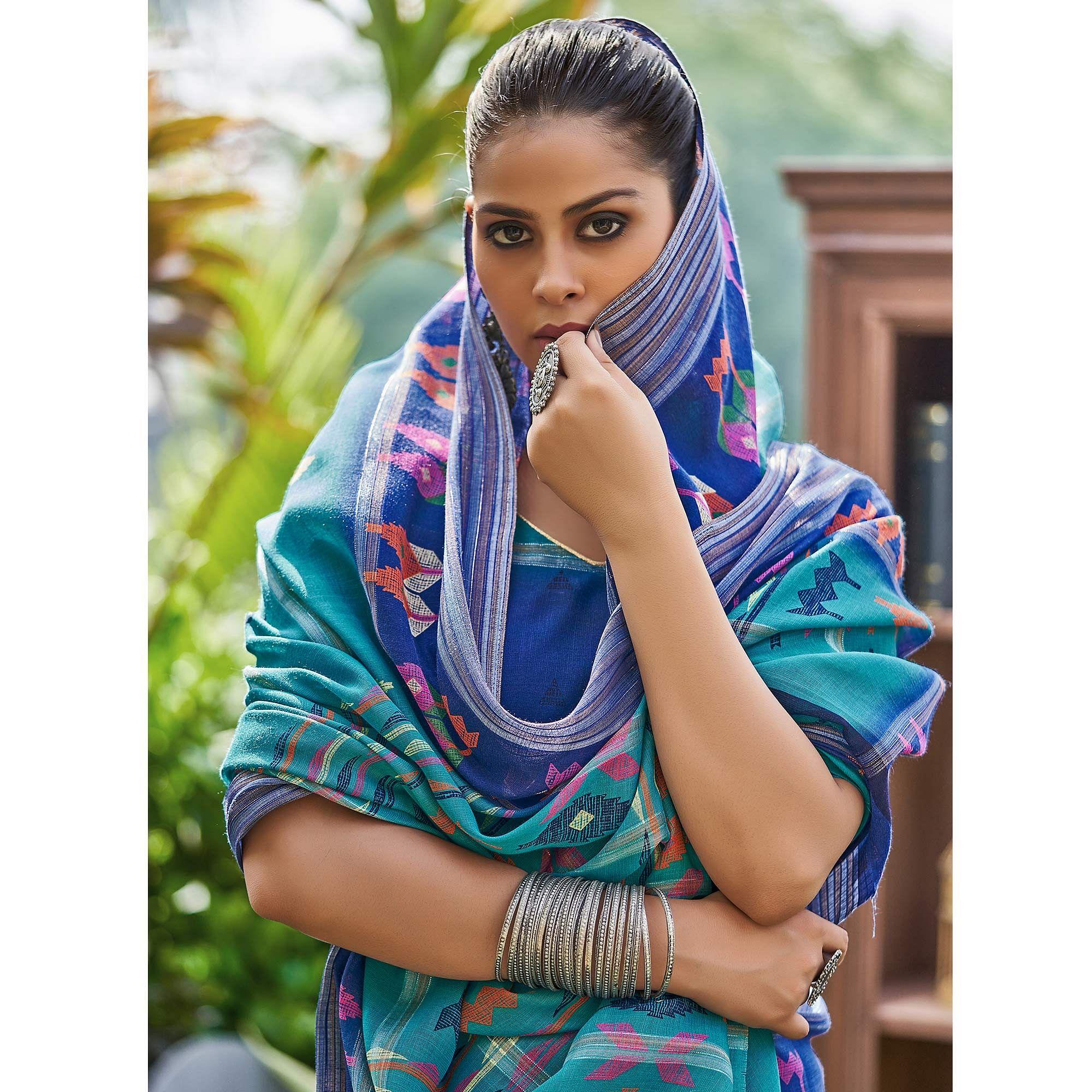 Rama Blue Ikkat Printed Linen Saree - Peachmode