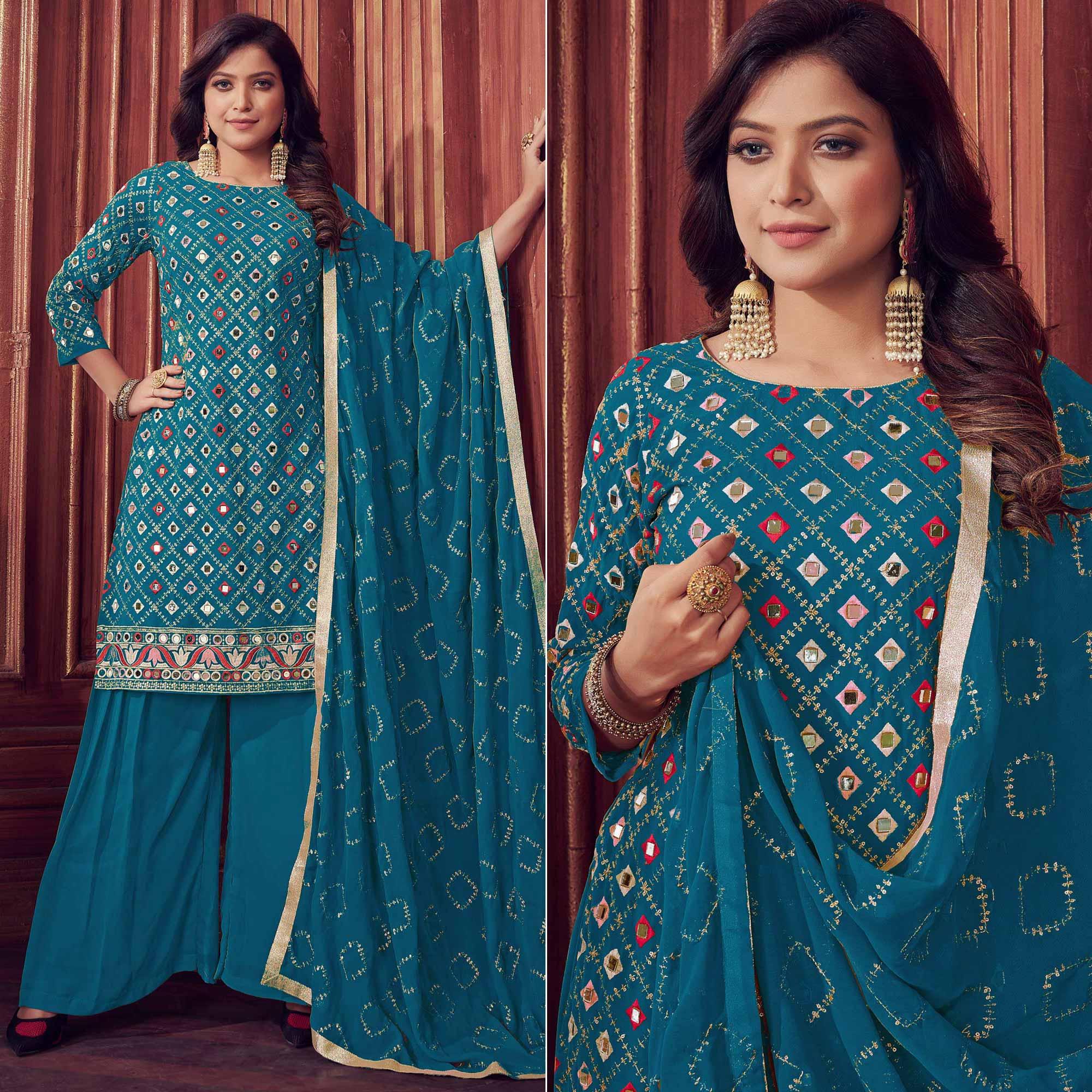 Rama Blue Mirror & Sequence Embroidered Georgette Sharara Suit - Peachmode