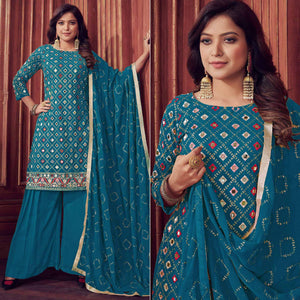 Rama Blue Mirror & Sequence Embroidered Georgette Sharara Suit - Peachmode