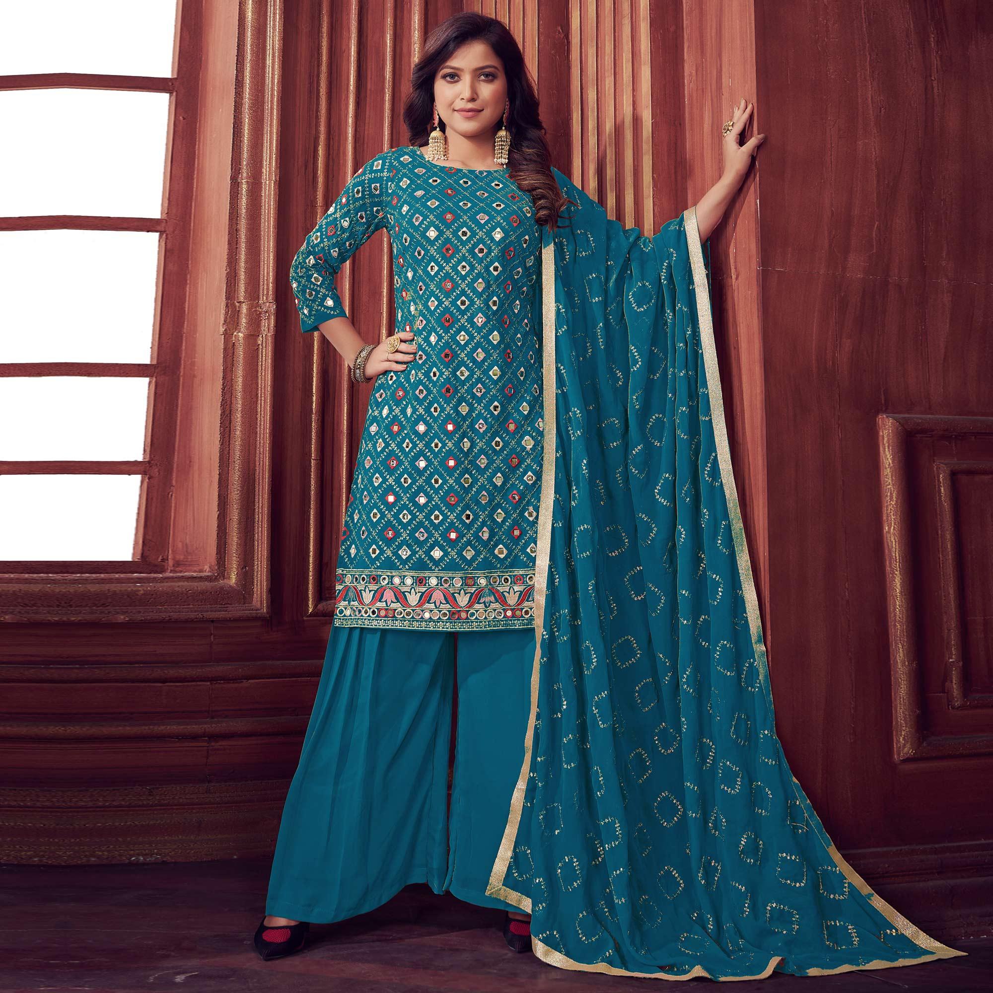 Rama Blue Mirror & Sequence Embroidered Georgette Sharara Suit - Peachmode