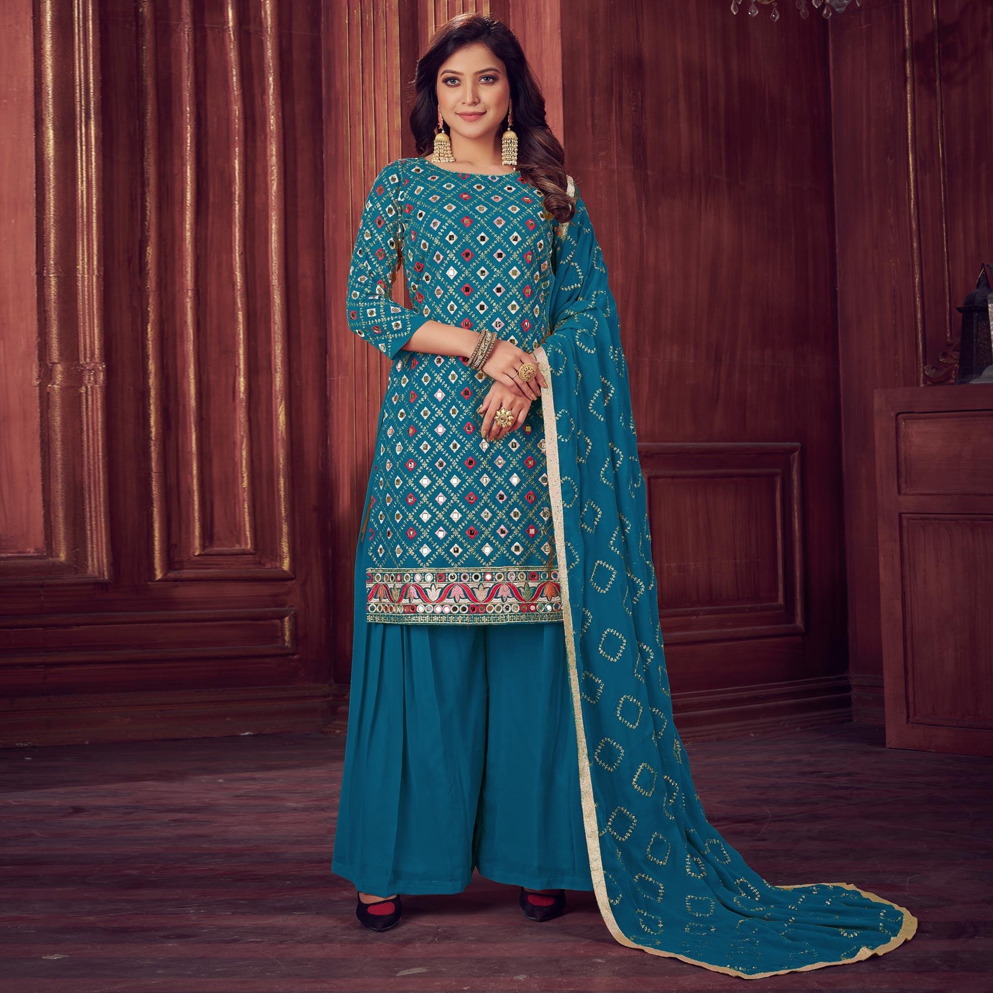 Rama Blue Mirror & Sequence Embroidered Georgette Sharara Suit - Peachmode