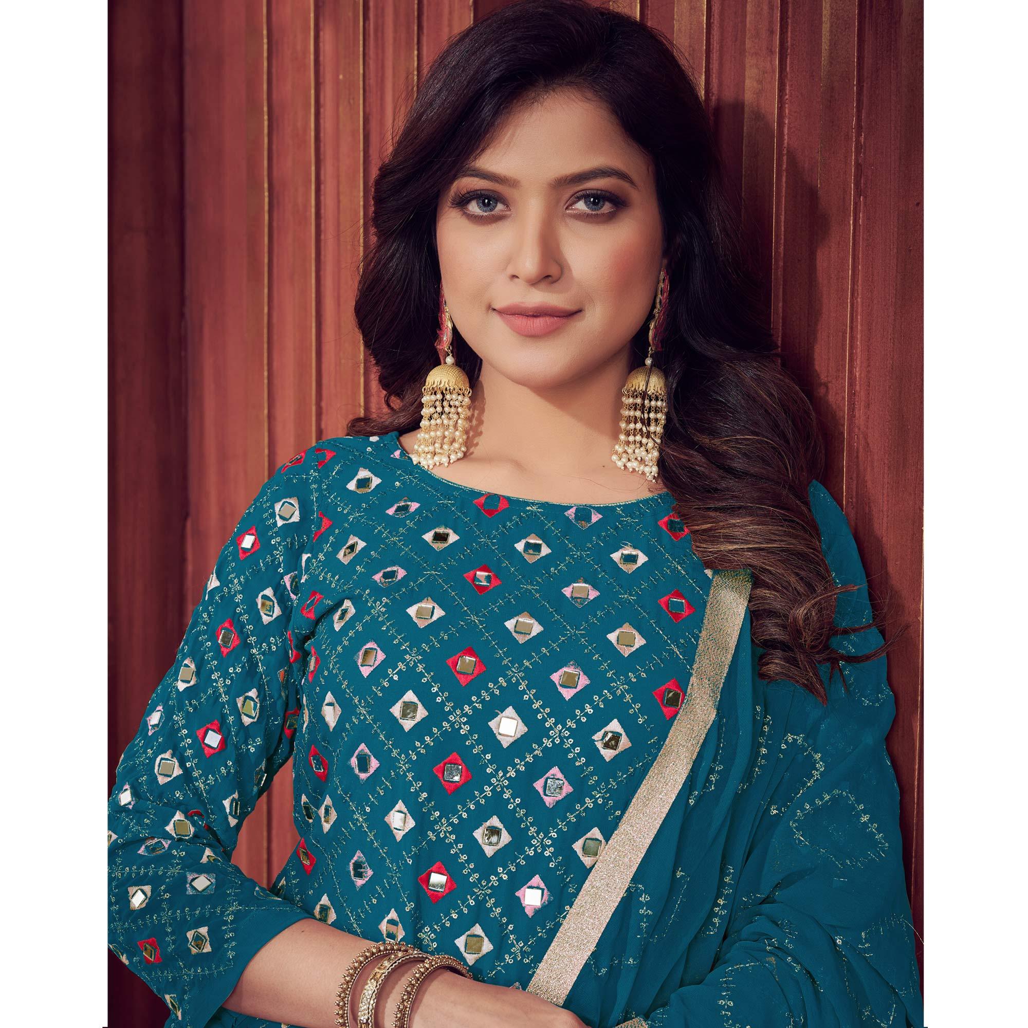 Rama Blue Mirror & Sequence Embroidered Georgette Sharara Suit - Peachmode