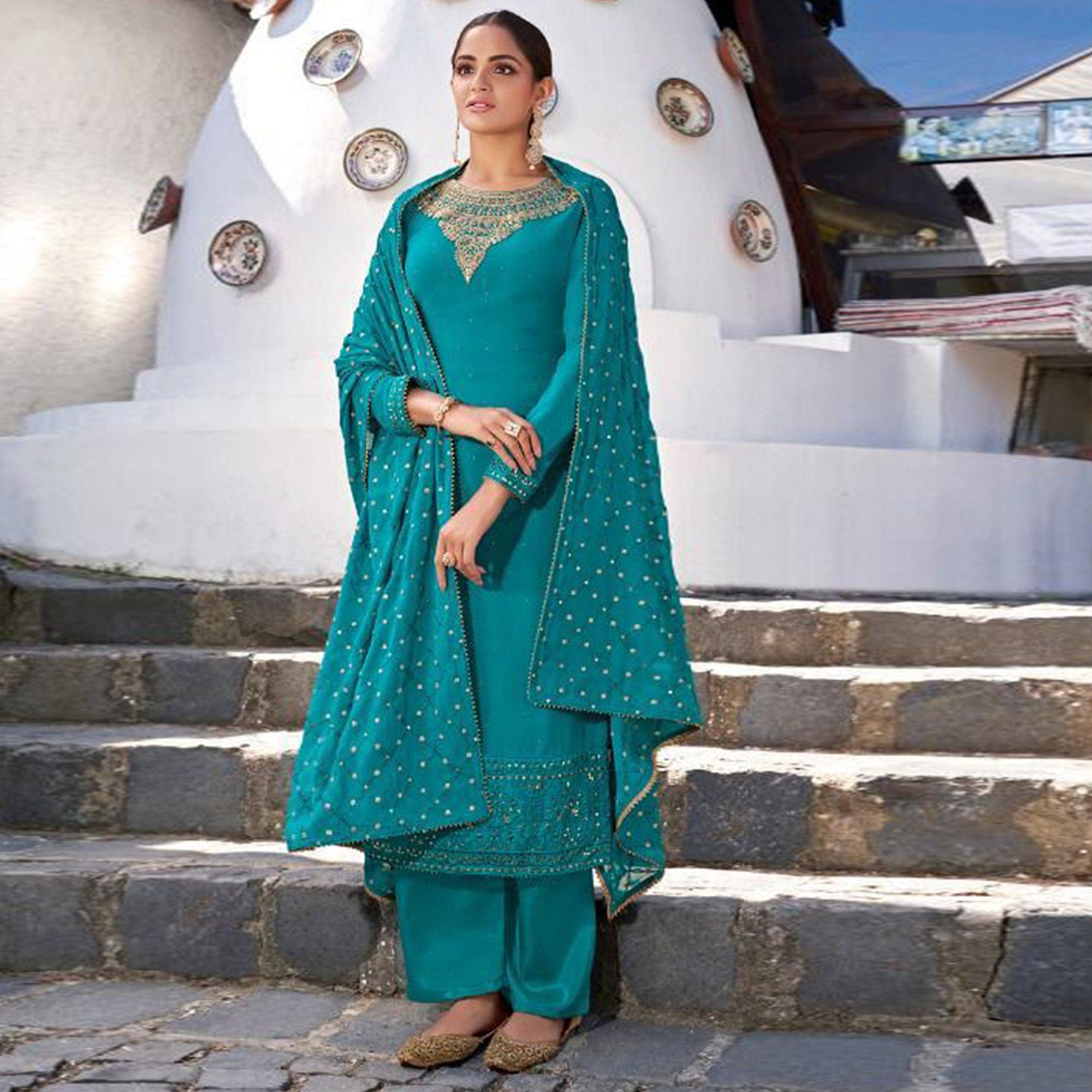 Rama Blue Party Wear Heavy Embroidered Georgette Suit - Peachmode