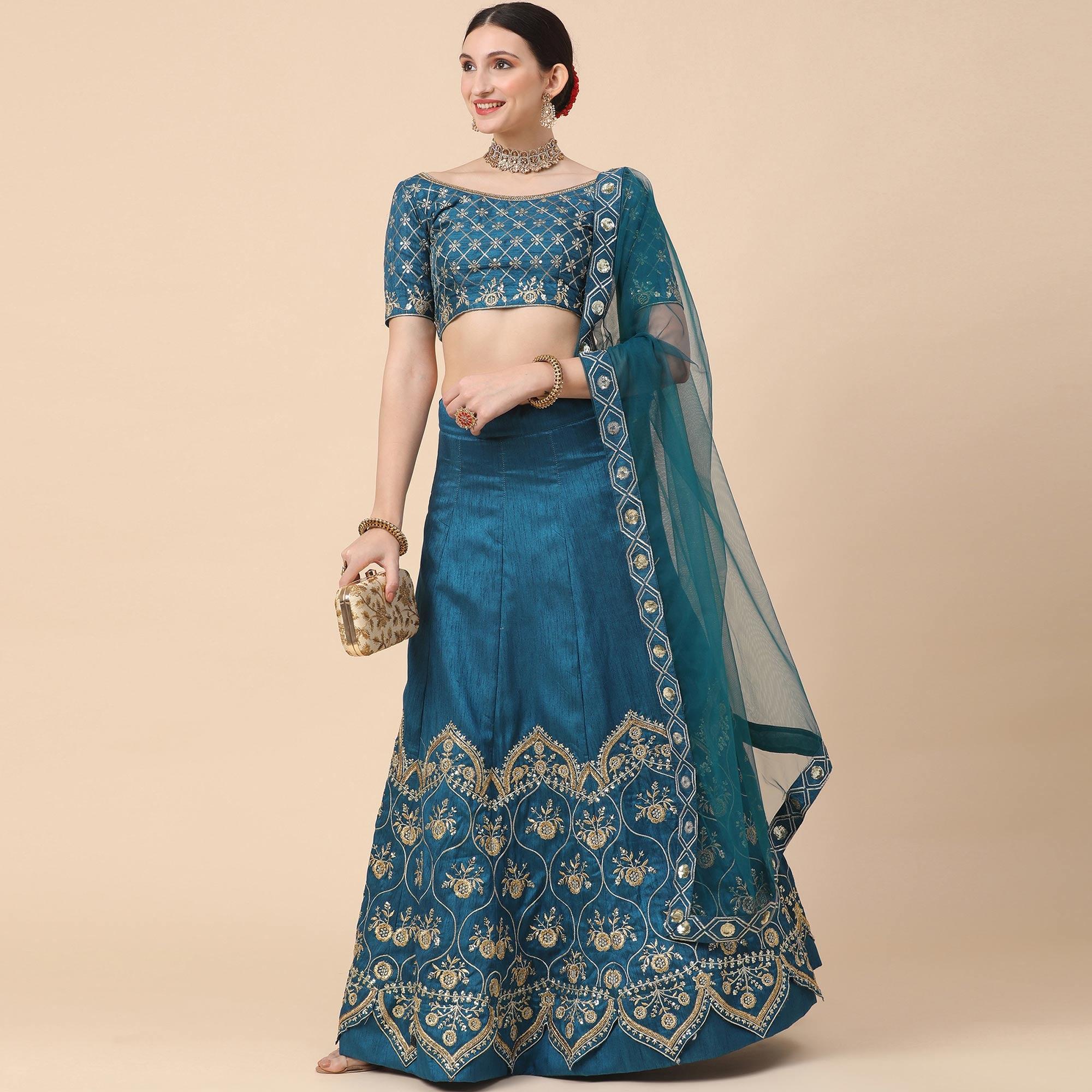 Rama Blue Party Wear Sequence Embroidered Satin Lehenga Choli - Peachmode