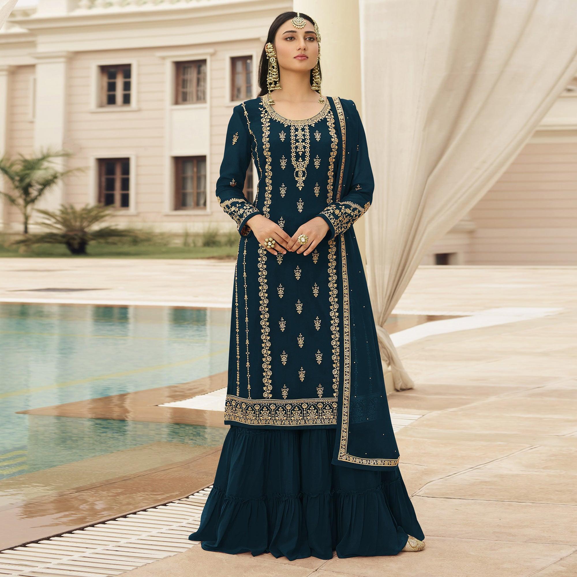 Rama Blue Partywear Designer Embroidered With Sequence Georgette Palazzo Suit - Peachmode