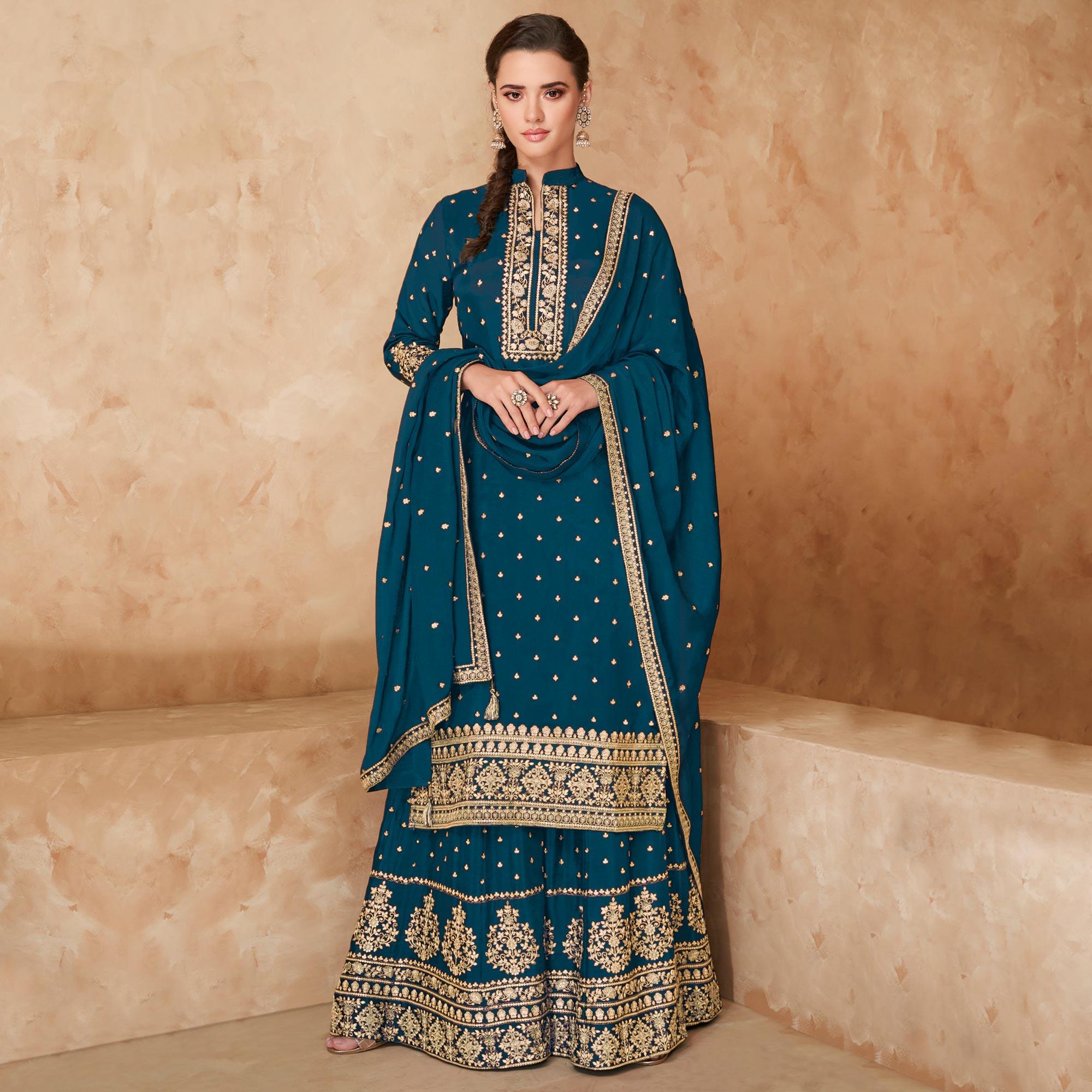 Rama Blue Partywear Embroidered Georgette Palazzo Suit - Peachmode