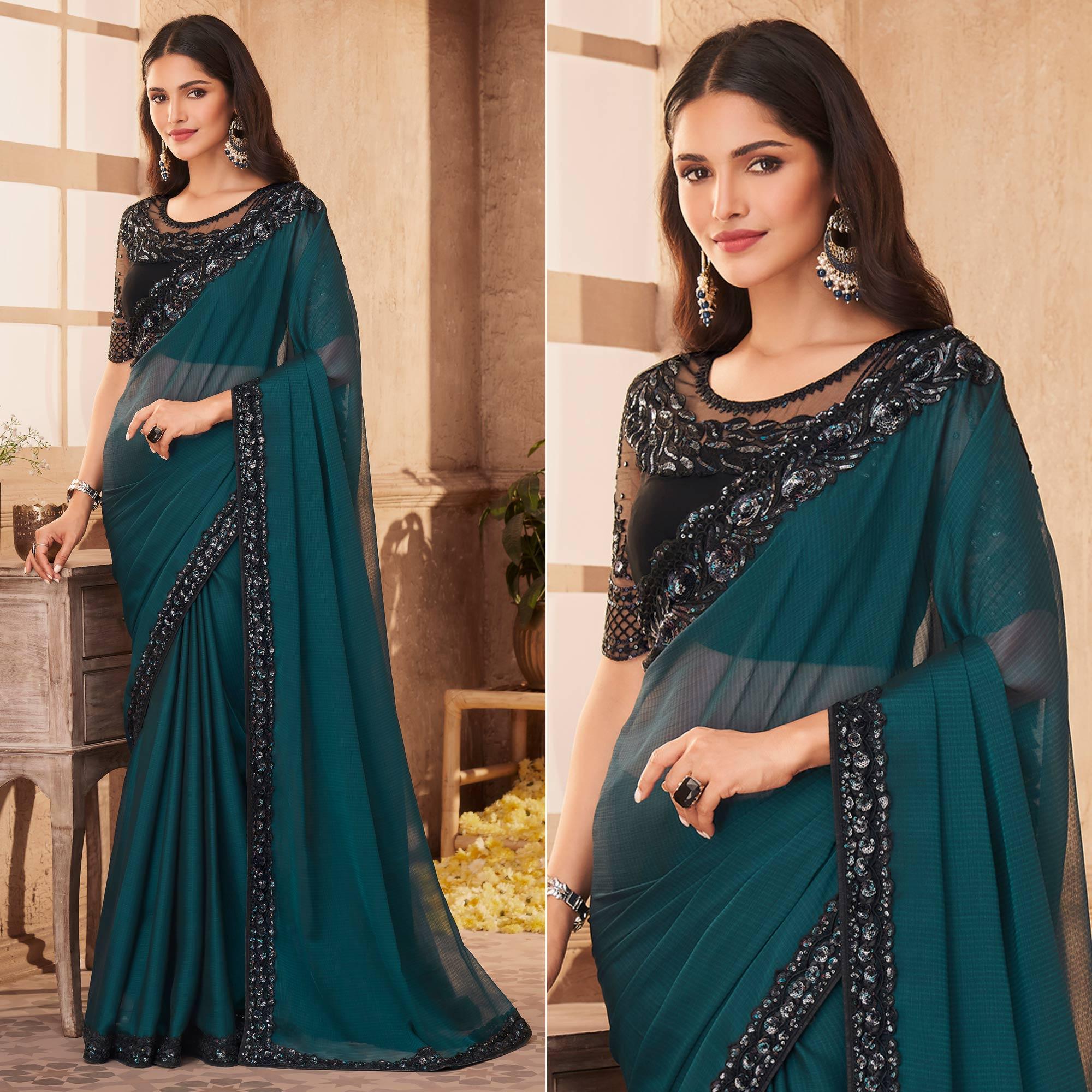Rama Blue Partywear Embroidered Silk Saree - Peachmode