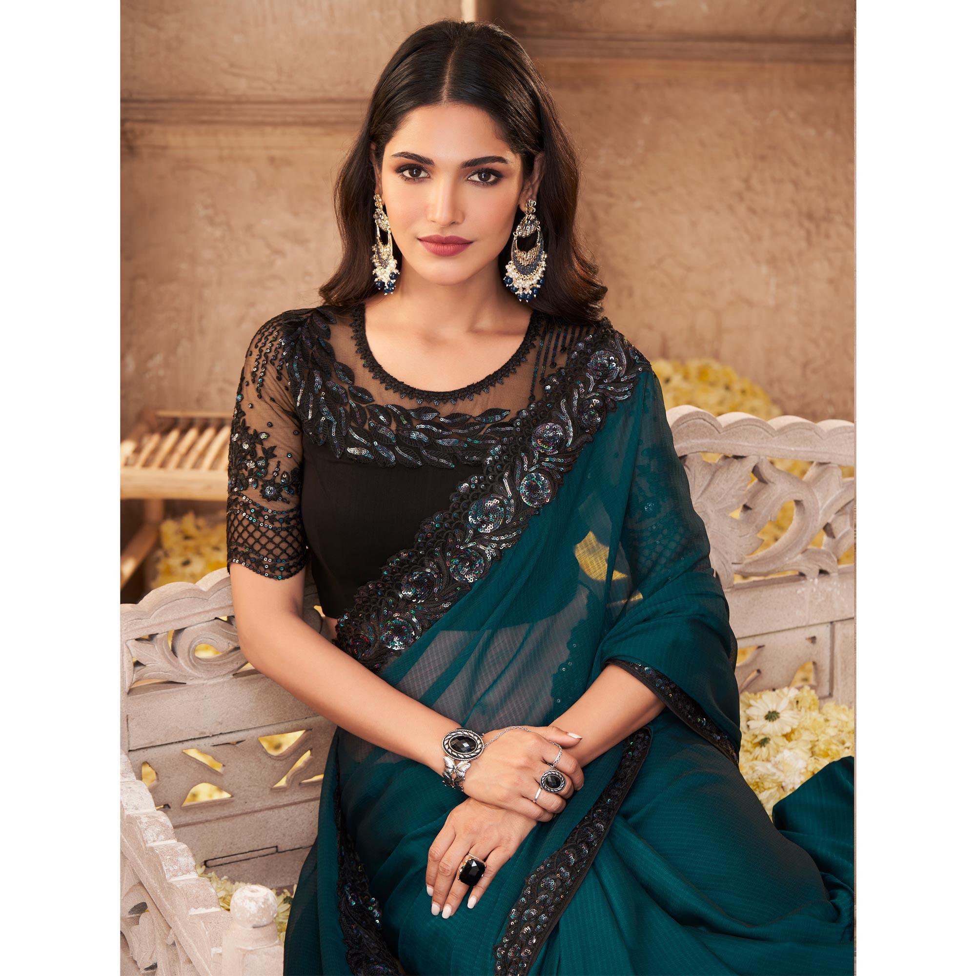 Rama Blue Partywear Embroidered Silk Saree - Peachmode