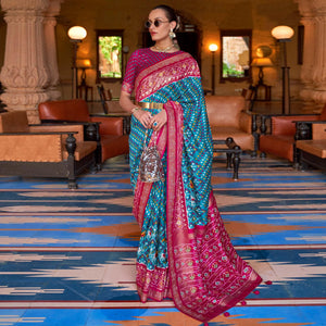 Rama Blue Patola Printed Art Silk Saree With Tassels - Peachmode