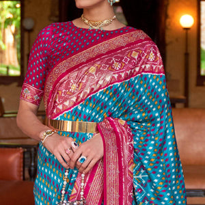 Rama Blue Patola Printed Art Silk Saree With Tassels - Peachmode