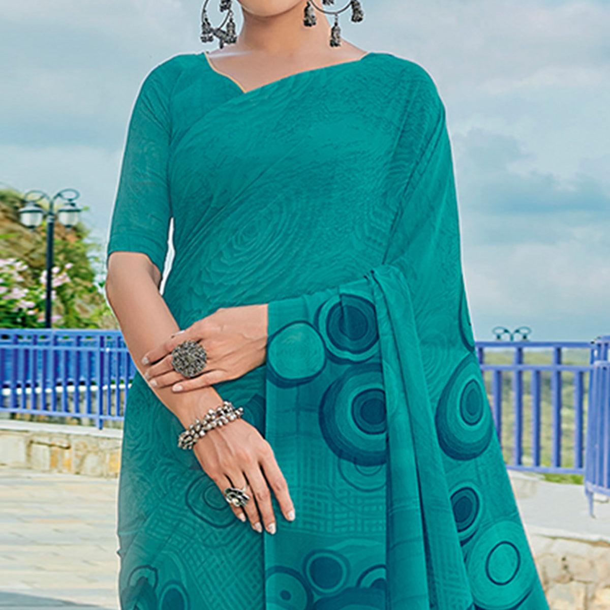 Rama Blue Printed Georgette Saree - Peachmode