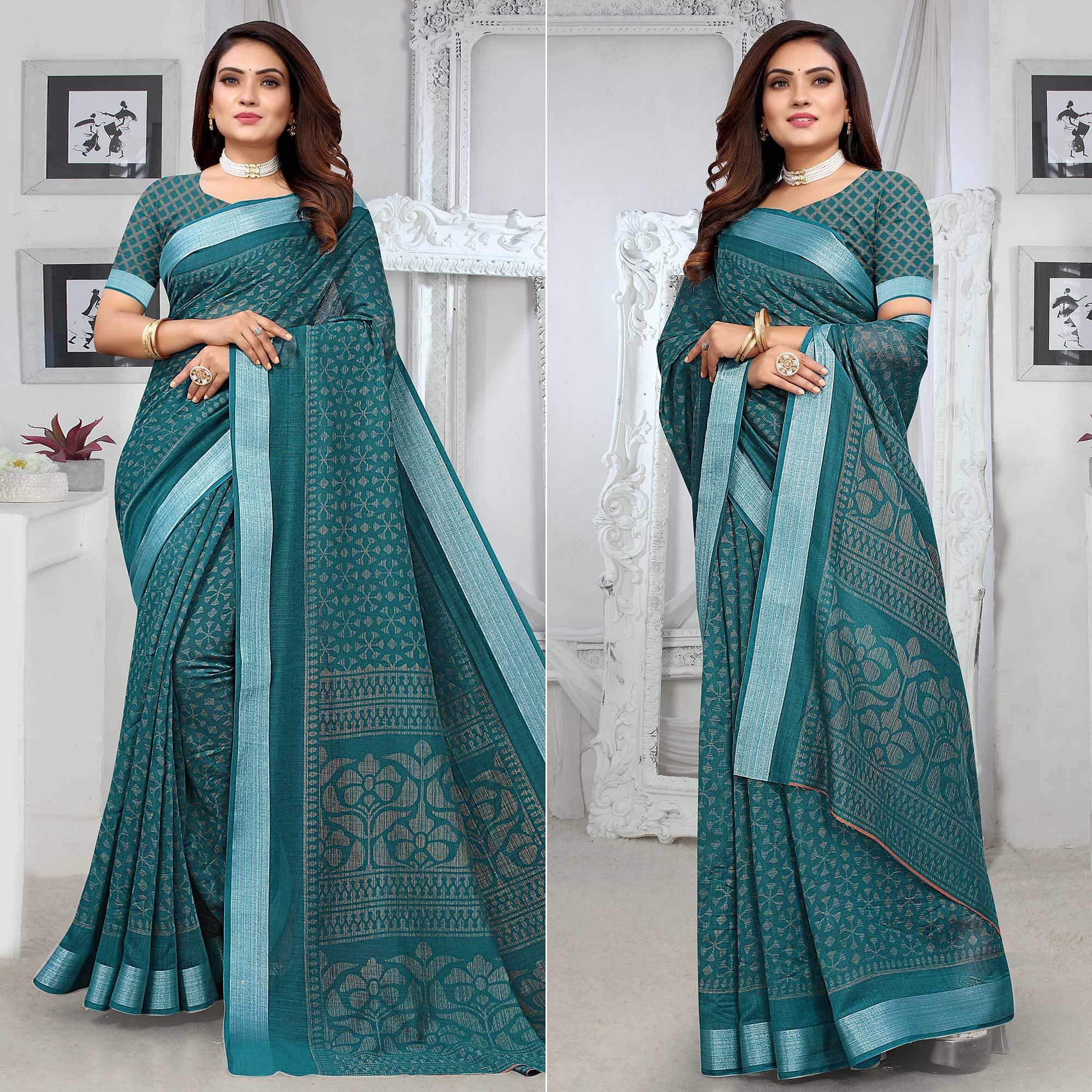 Rama Blue Printed Linen Saree - Peachmode