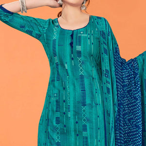 Rama Blue Printed Poly Cotton Dress Material - Peachmode