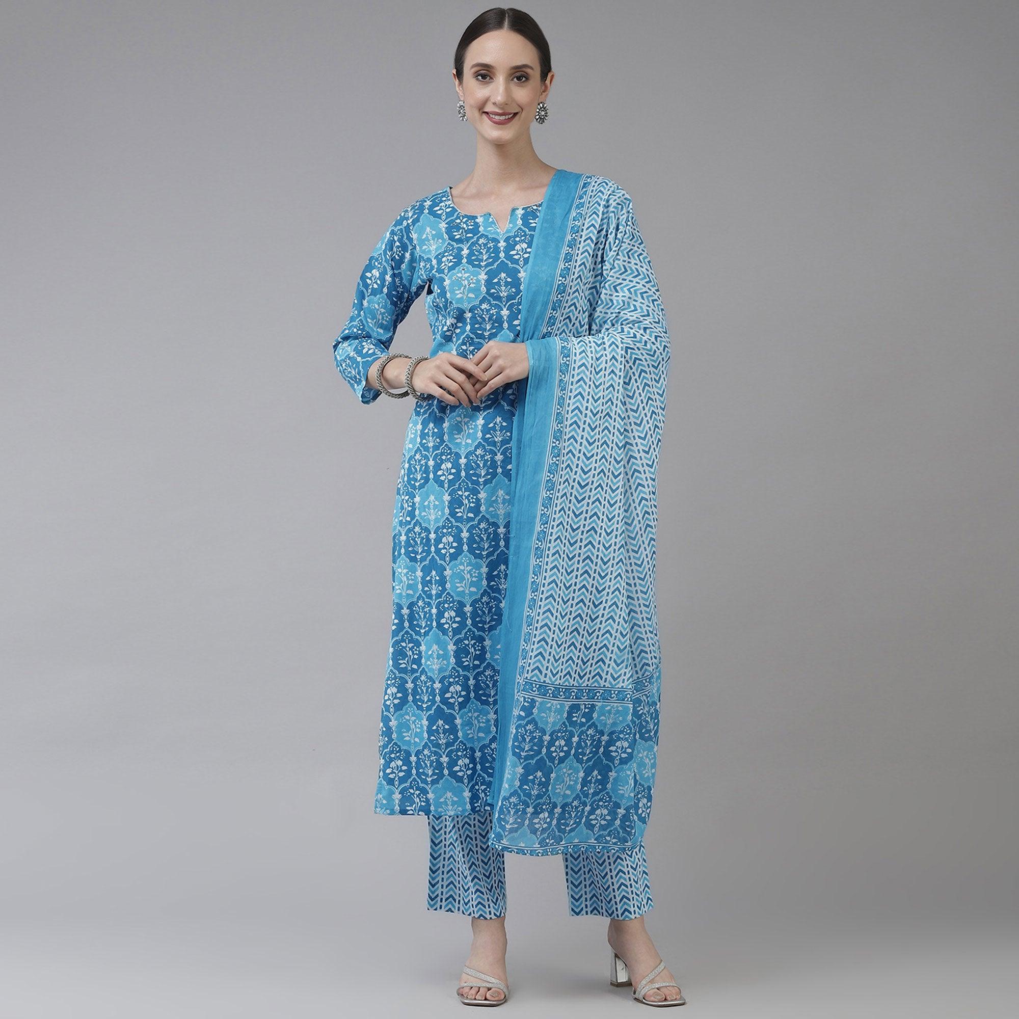 Rama Blue Printed Pure Cotton Kurti Pant Set With Dupatta - Peachmode