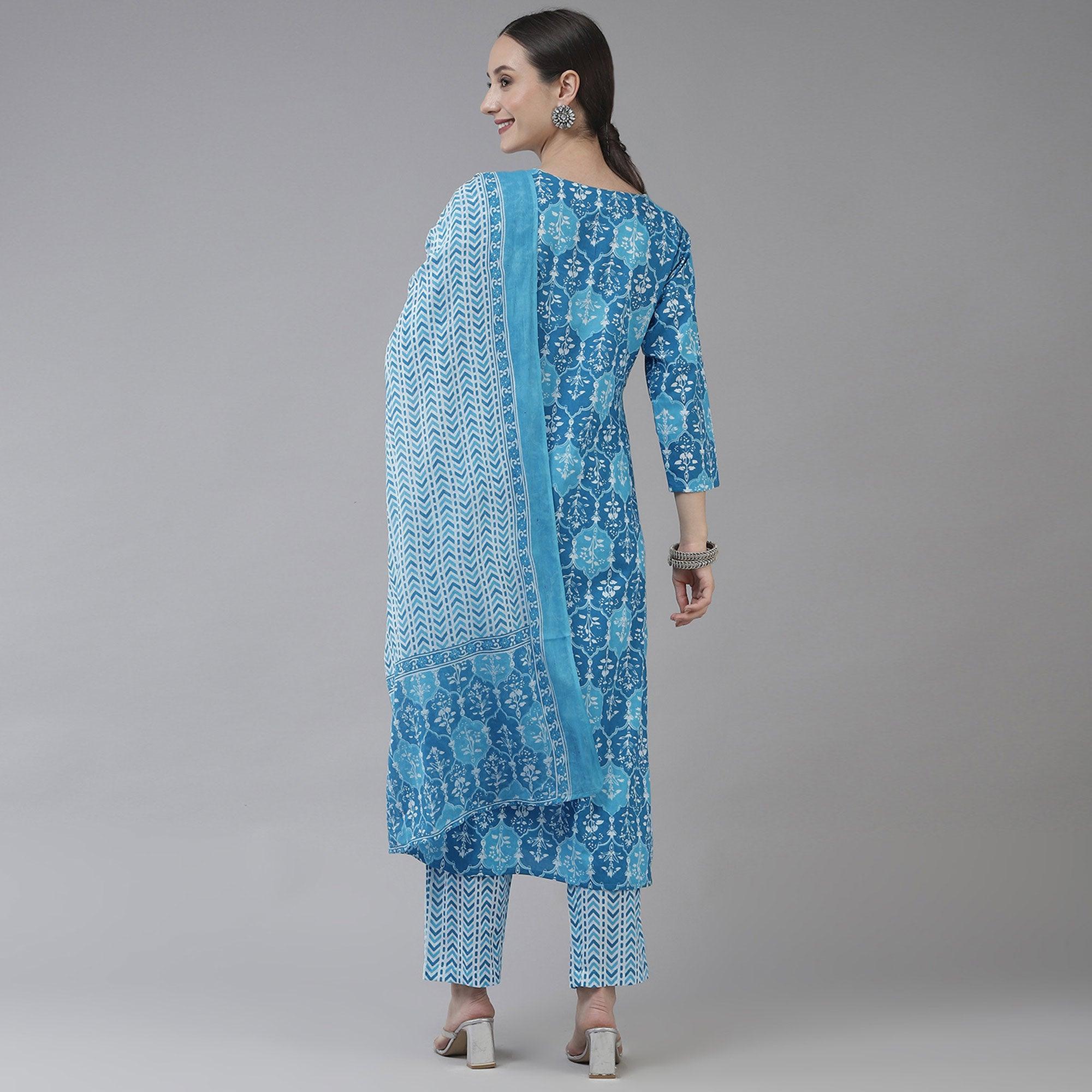 Rama Blue Printed Pure Cotton Kurti Pant Set With Dupatta - Peachmode