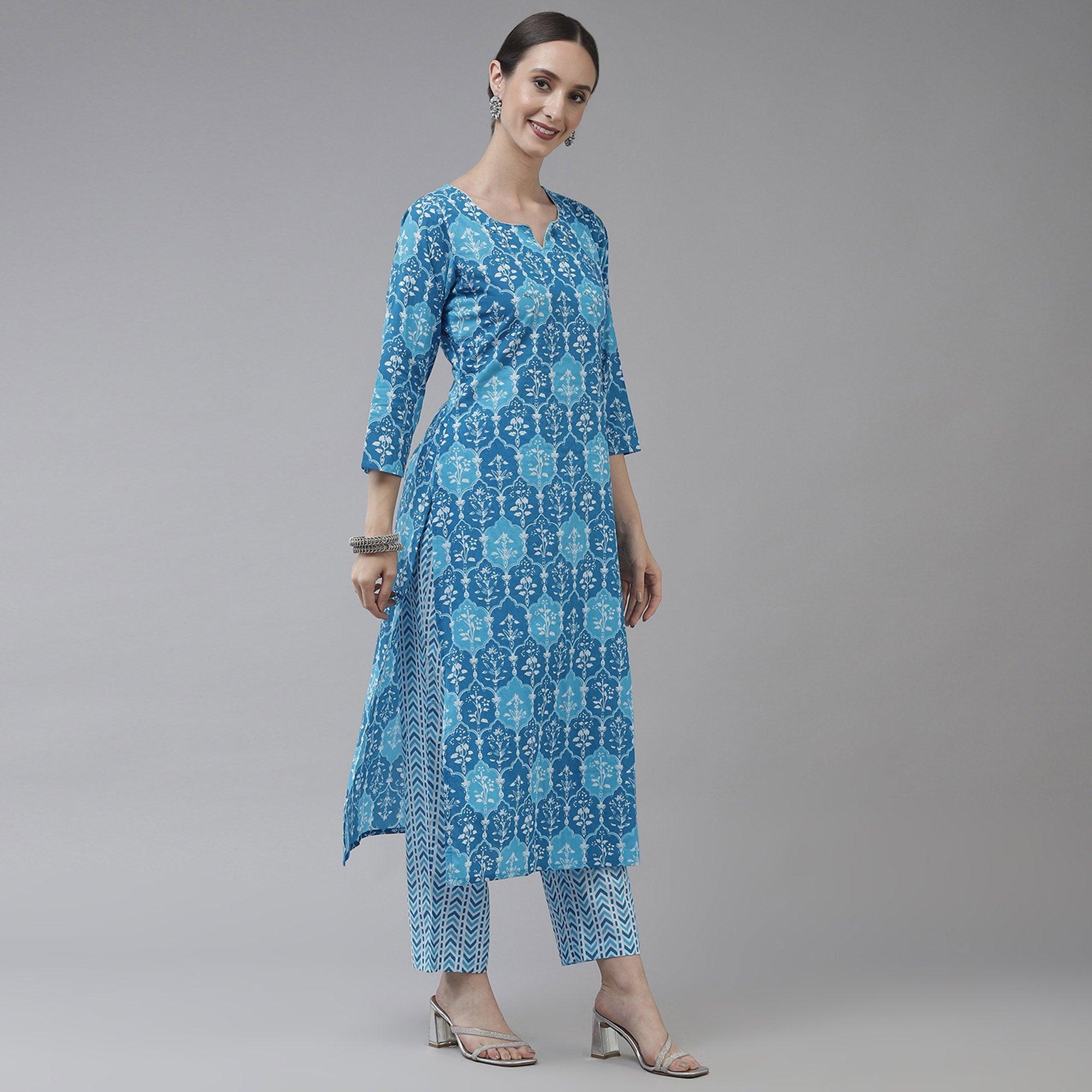 Rama Blue Printed Pure Cotton Kurti Pant Set With Dupatta - Peachmode