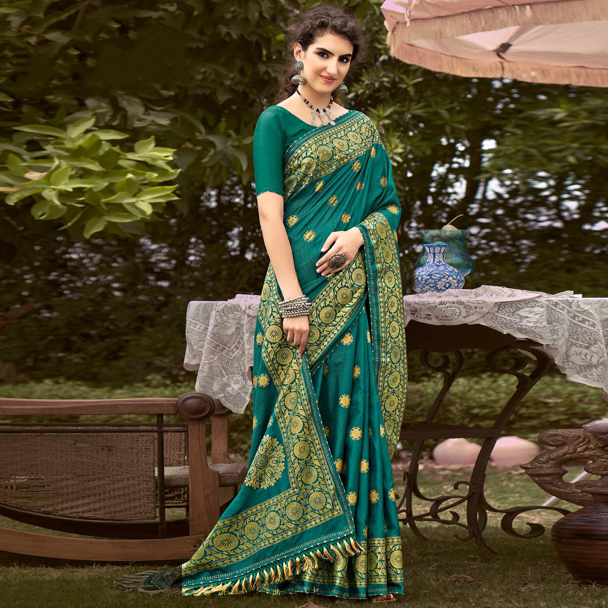 Rama Blue Printed Vichitra Silk Saree With Tassels - Peachmode