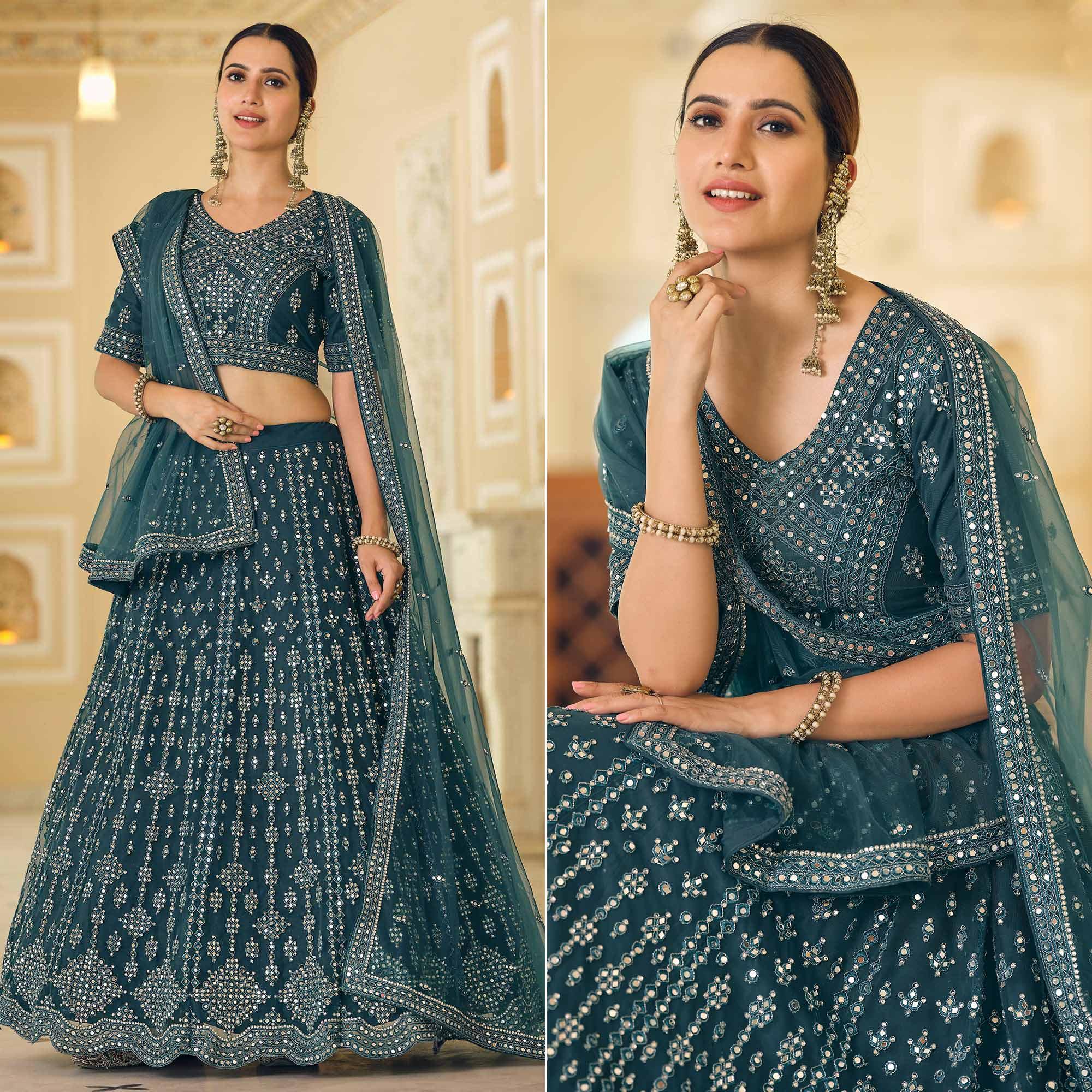 Rama Blue Wedding Wear Embellished Netted Lehenga Choli - Peachmode