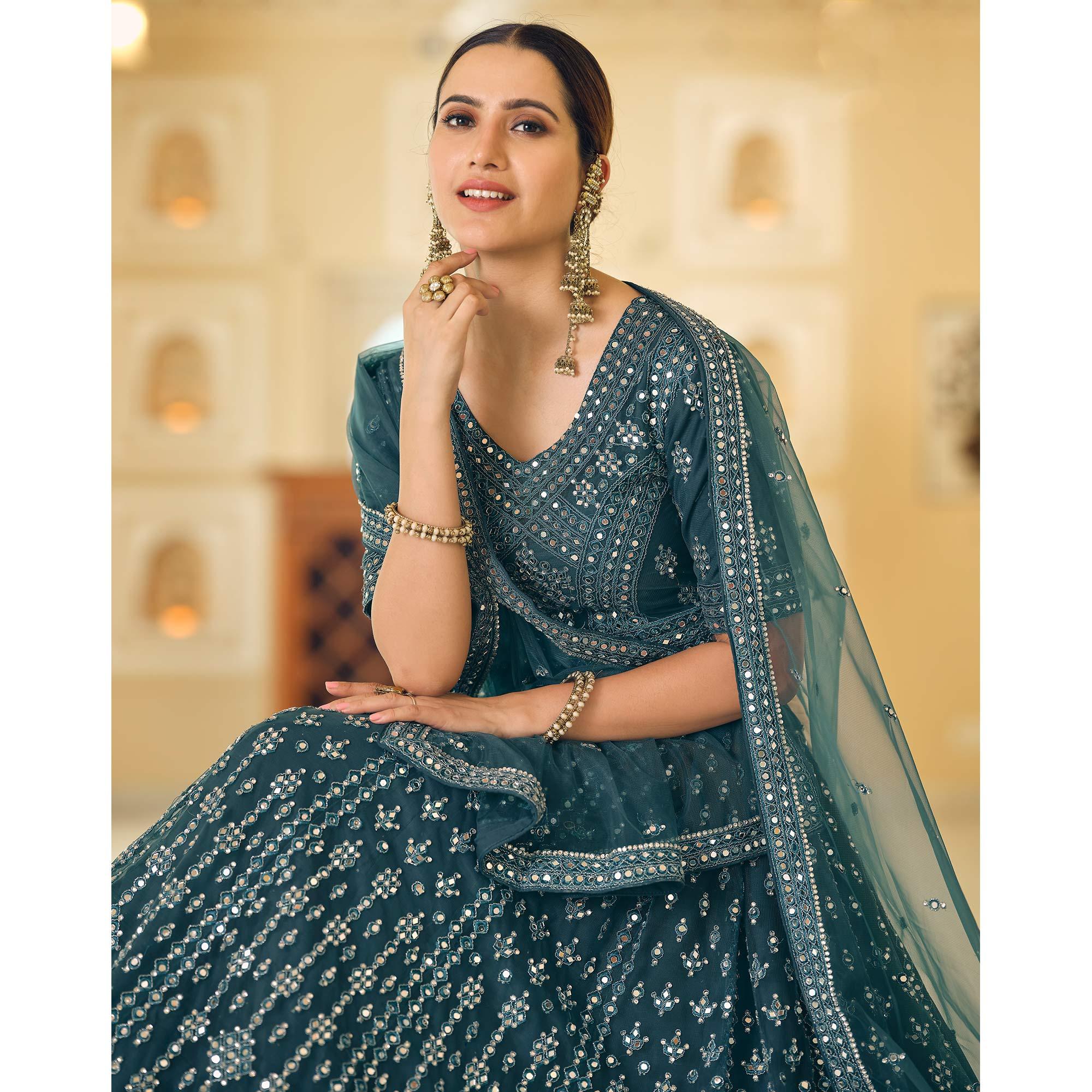 Rama Blue Wedding Wear Embellished Netted Lehenga Choli - Peachmode