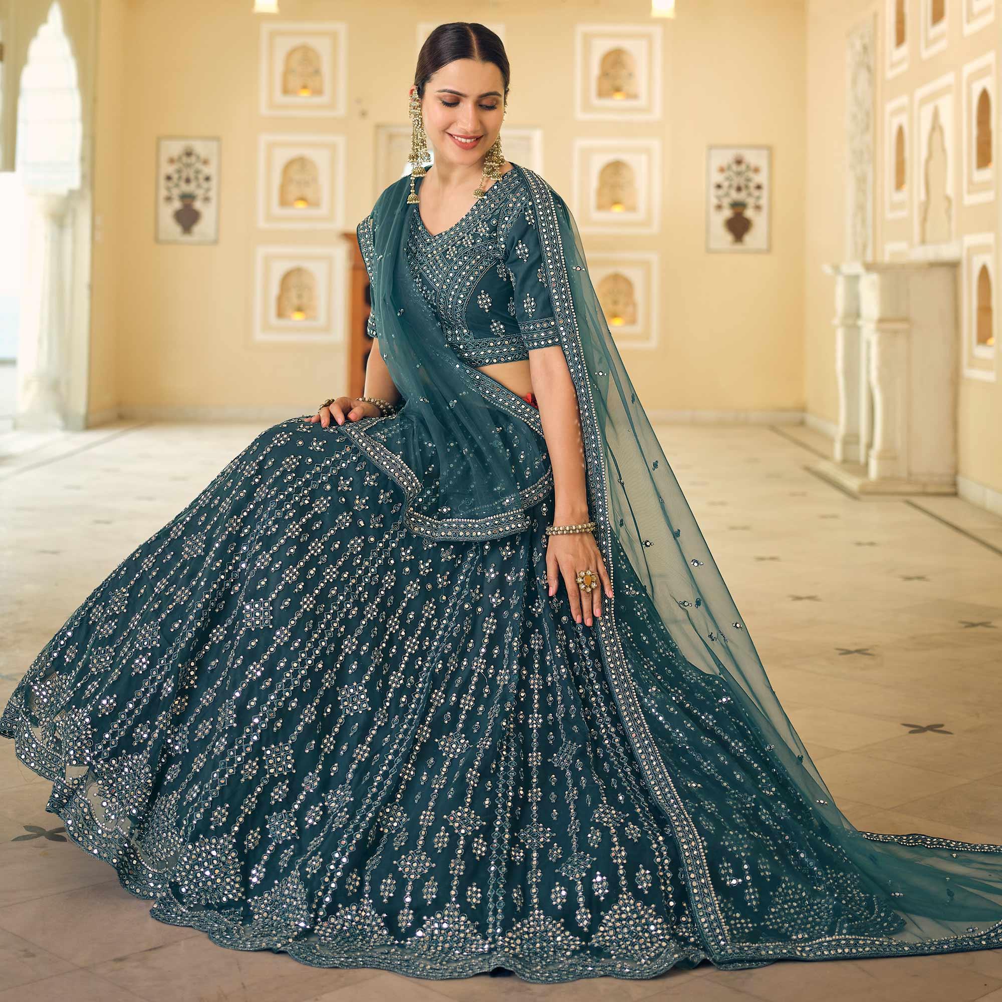 Rama Blue Wedding Wear Embellished Netted Lehenga Choli - Peachmode