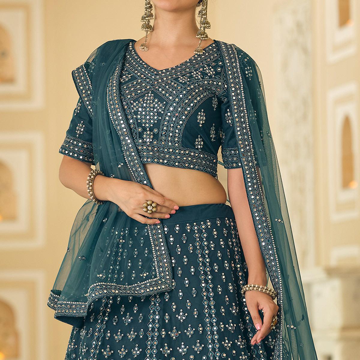 Rama Blue Wedding Wear Embellished Netted Lehenga Choli - Peachmode