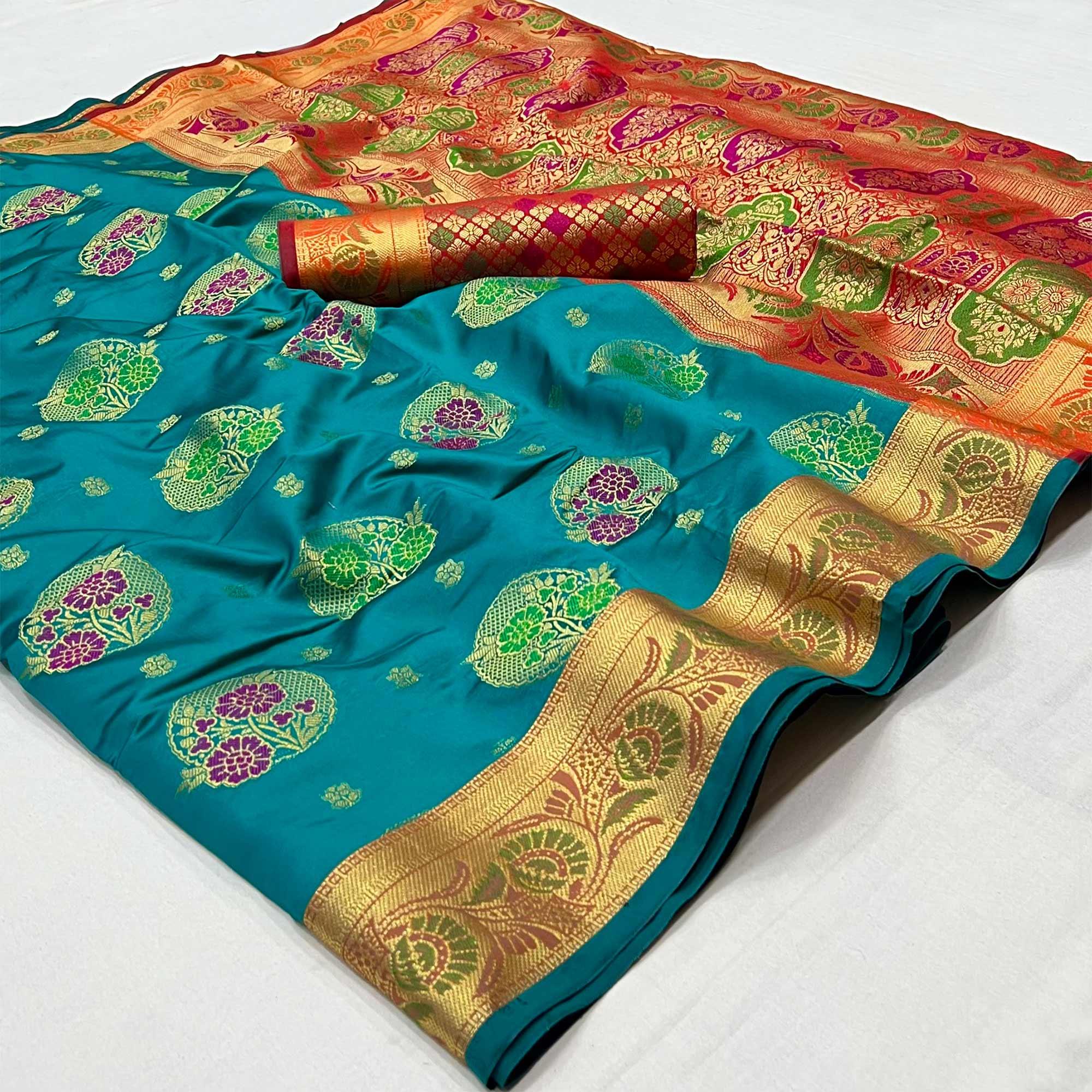 Rama Blue Woven Art Silk Saree - Peachmode