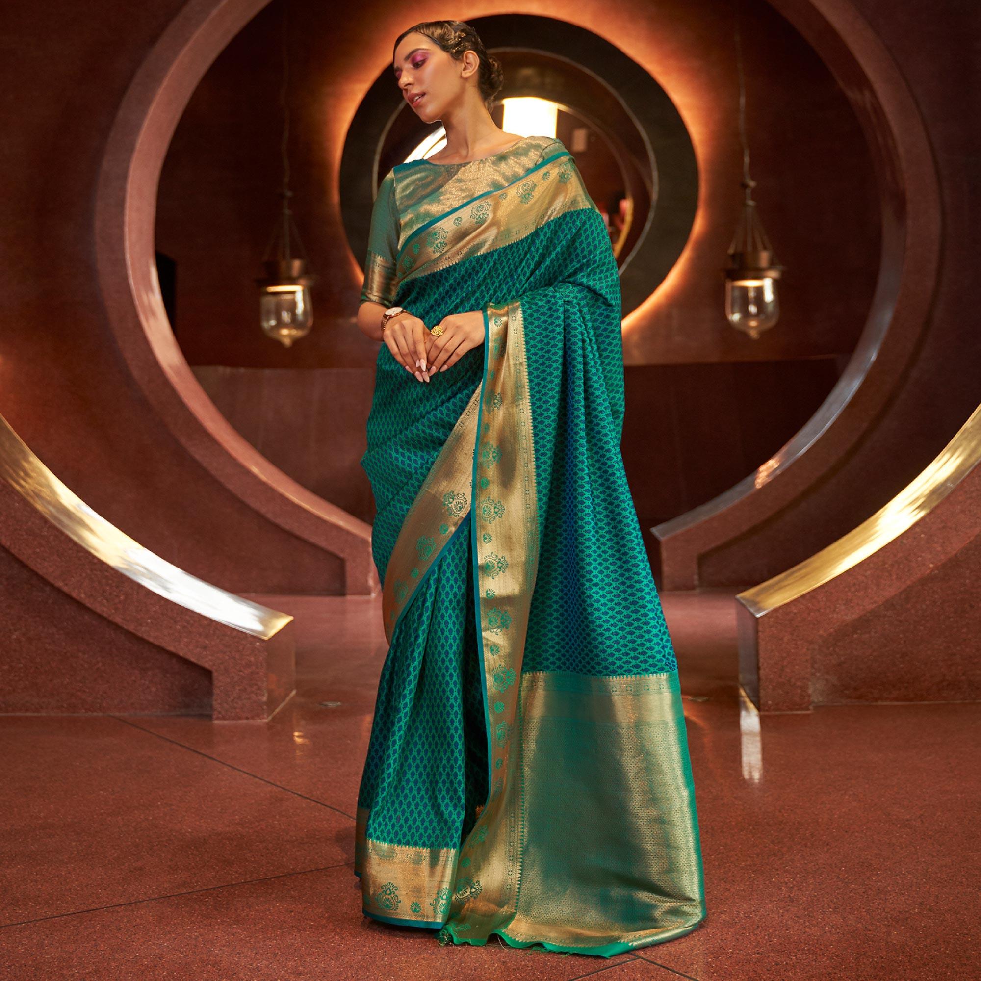 Rama Blue Woven Art Silk Saree - Peachmode