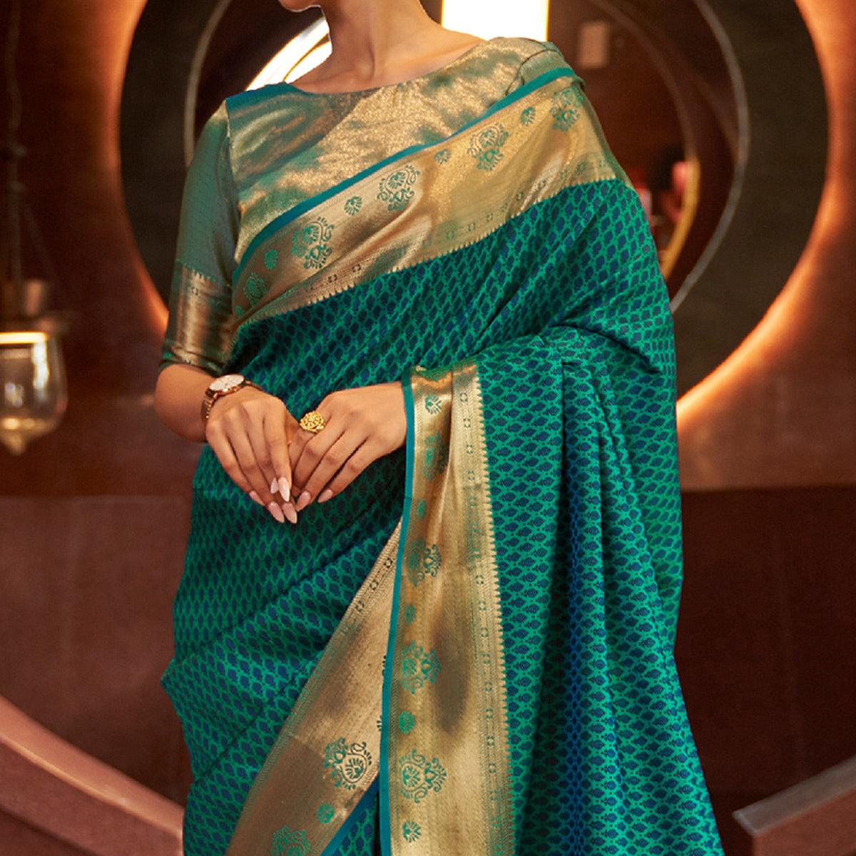 Rama Blue Woven Art Silk Saree - Peachmode