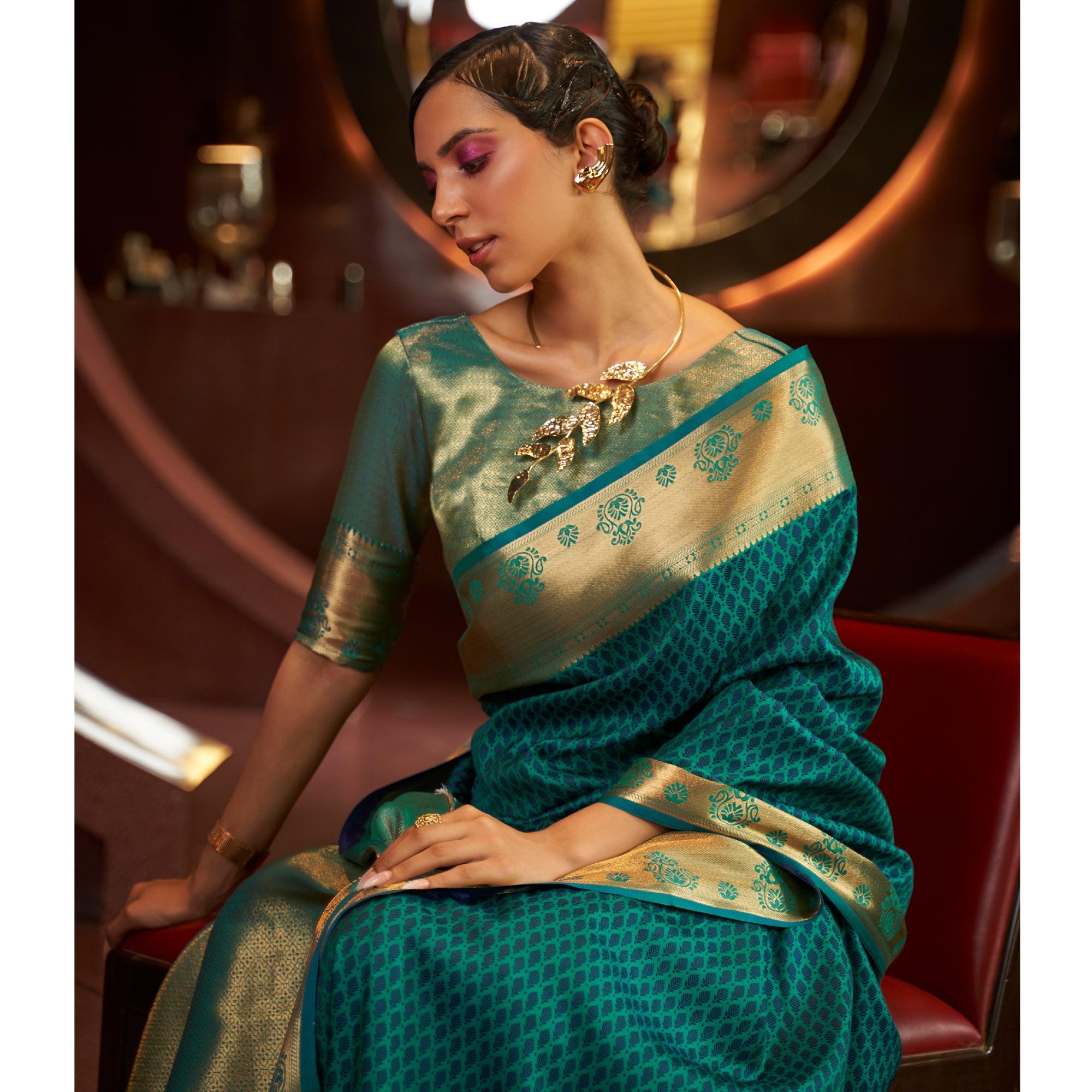 Rama Blue Woven Art Silk Saree - Peachmode