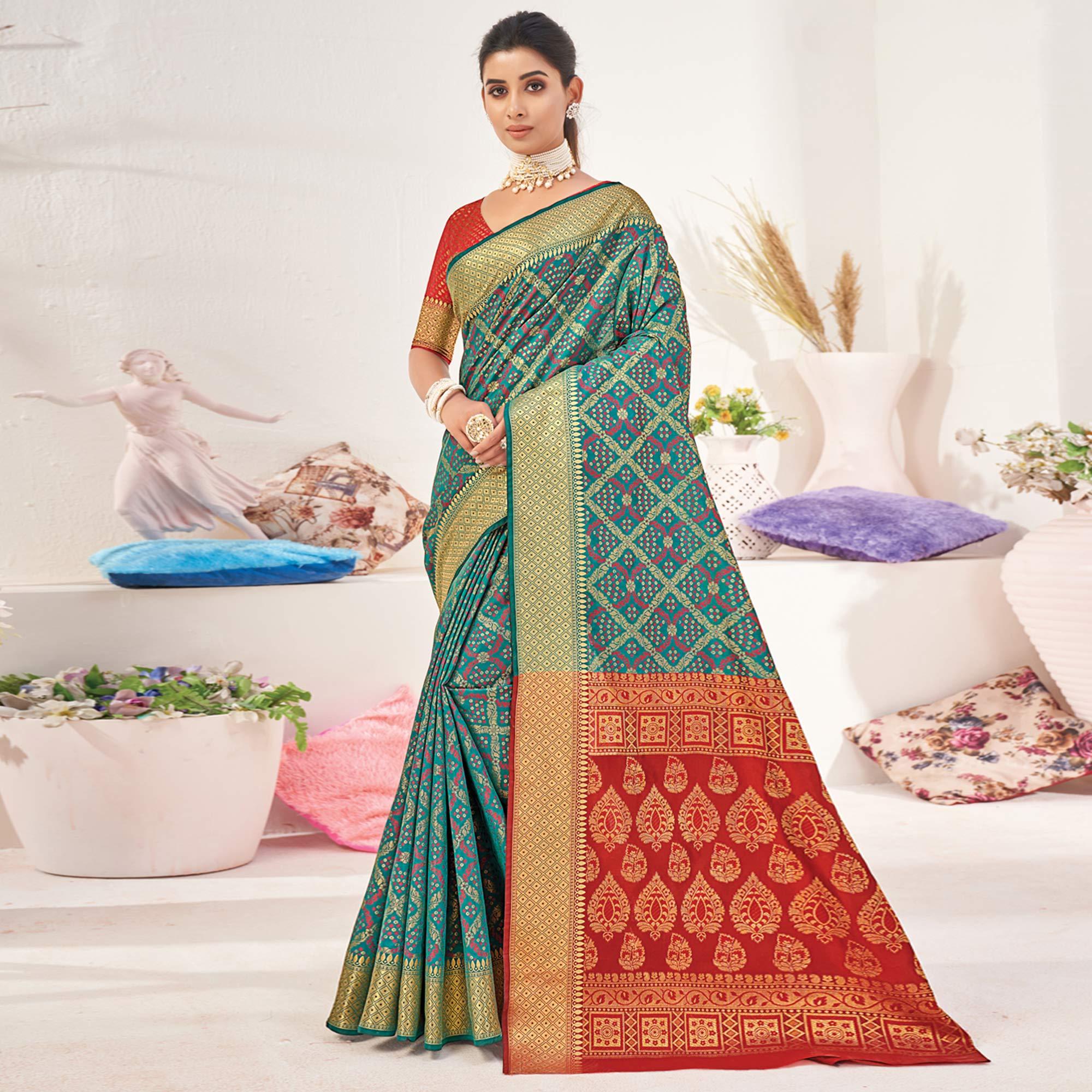 Rama Blue Woven Patola Art Silk Saree - Peachmode